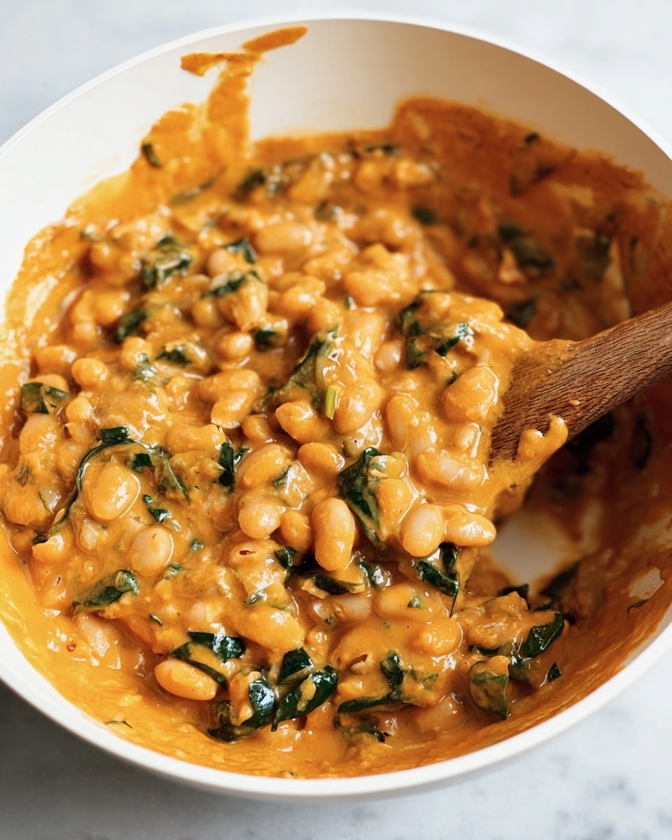 The image shows a close-up of a white bowl filled with a creamy orange mixture that includes small white beans and chopped green leafy bits mixed throughout. The texture looks thick and slightly chunky, with a blend of smooth sauce coating the beans and greens. A wooden spoon with a rounded handle is resting inside the bowl, partially covered by the mixture, suggesting it is being stirred. The setting is a white marbled surface, which softly reflects light onto the dish. photo taken with an iphone --ar 4:5 --v 7