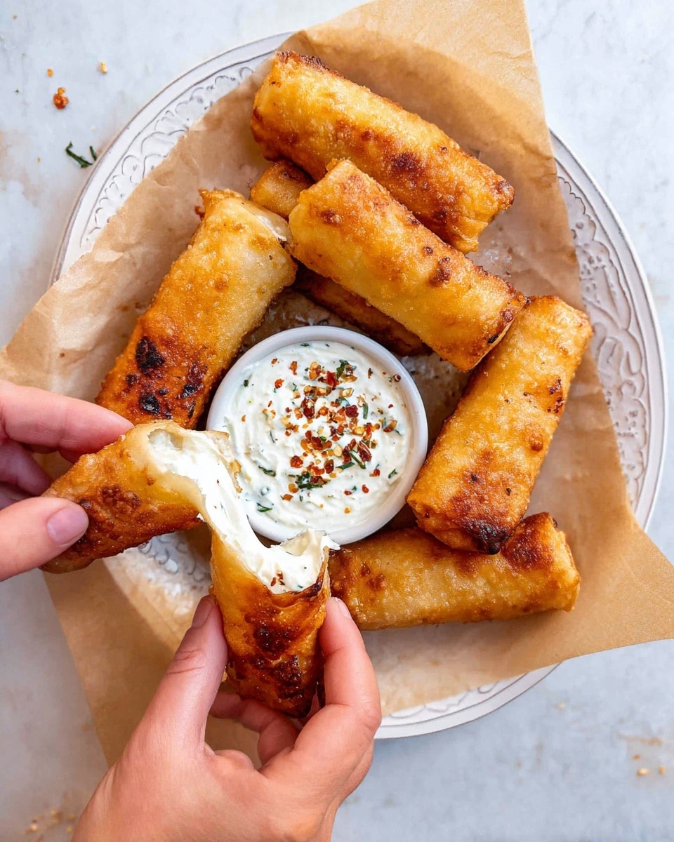 The image shows six golden brown fried rolls placed on a piece of brown parchment paper on a white plate with embossed patterns. The rolls have a crispy texture with some darker and lighter spots. In the center of the plate is a small white bowl filled with a creamy white dipping sauce sprinkled with red and green spices on top. Two woman's hands are pulling apart one of the fried rolls, revealing a white, soft, and stringy cheese filling inside. The background surface is a white marbled texture. Photo taken with an iphone --ar 4:5 --v 7
