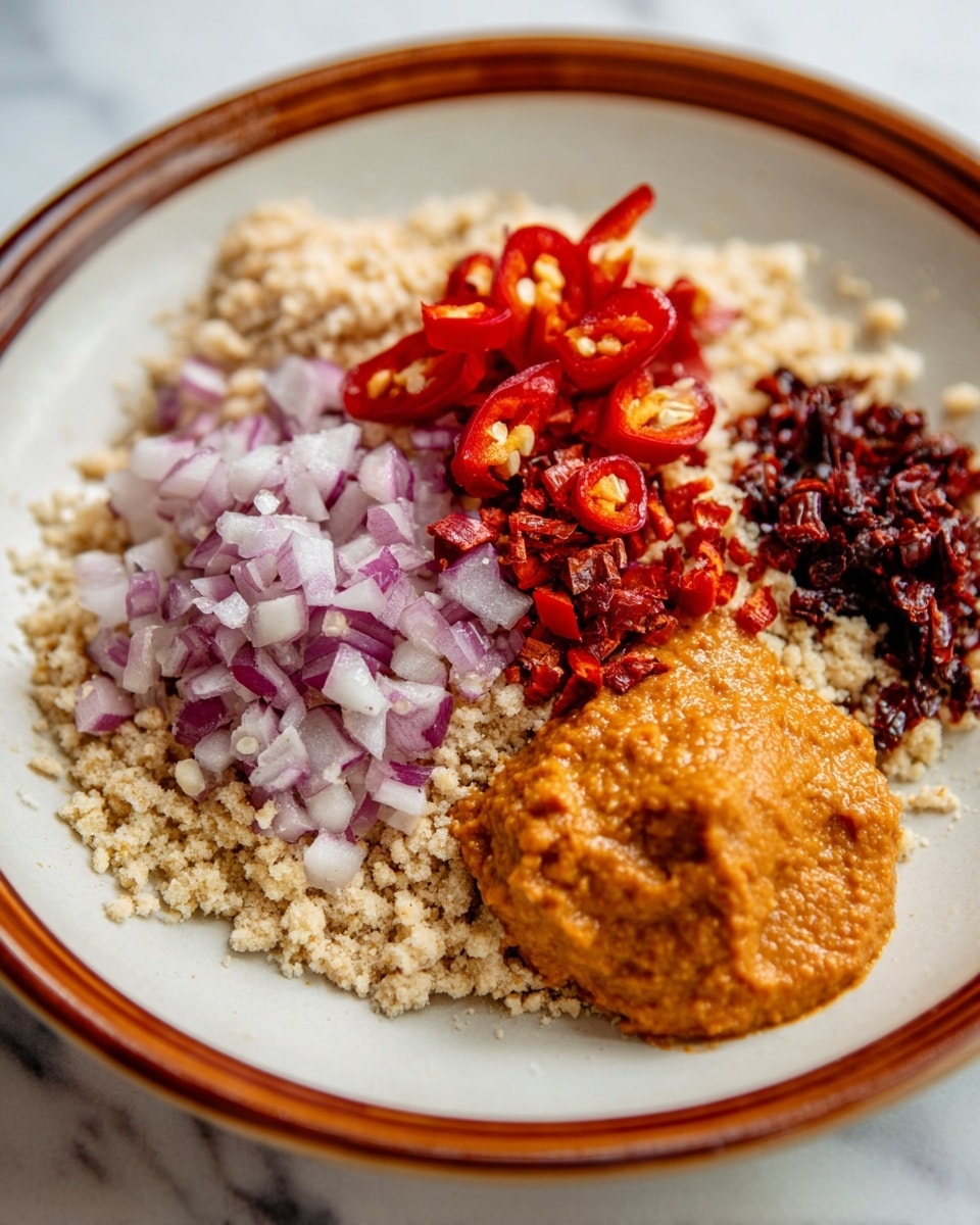 A white plate with a brown rim holds five visible layers arranged in small piles. The base layer is light beige crumbled pieces spread across the plate. On top of this base, starting from the left, there are finely chopped small purple and white onion pieces. Above that, a pile of thin, bright red chili slices with visible seeds. To the right of the chili, there are dark reddish-brown dried flakes or small pieces. Beside those, small bright red diced pieces add more color. The final layer, positioned on the bottom right, is a thick, smooth orange paste with a slightly coarse texture in a round dollop shape. The dish is set on a white marbled surface. Photo taken with an iphone --ar 4:5 --v 7