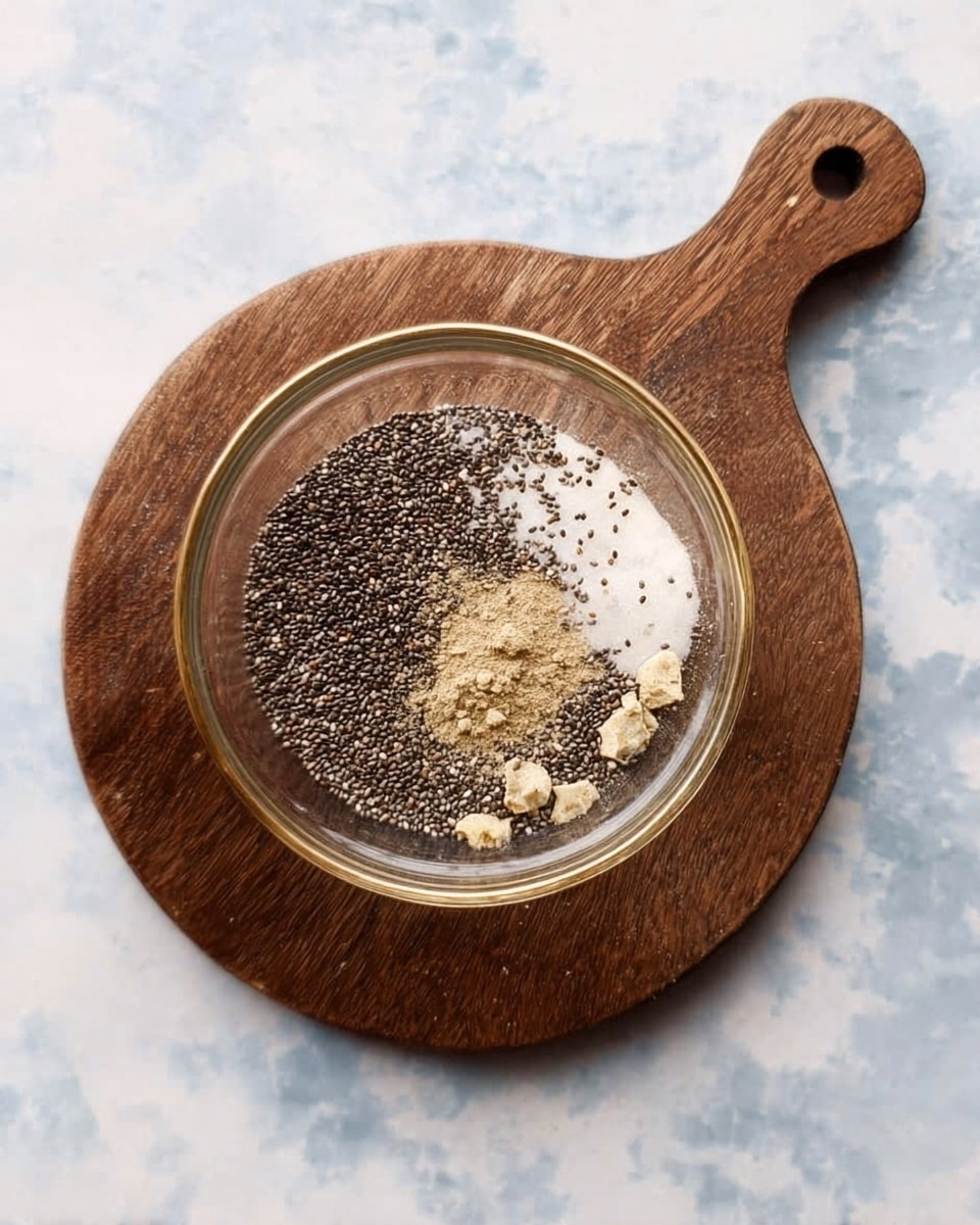 A clear glass bowl sits on a round wooden board with a handle, placed on a white marbled surface. Inside the bowl, there are several layers of ingredients: black chia seeds scattered densely around, a small pile of light brown powder in the center, and a few small light beige pieces near the edge. The textures range from tiny seeds to fine powder and small chunks, all contained within the glass bowl making the layers clearly visible. Photo taken with an iphone --ar 4:5 --v 7