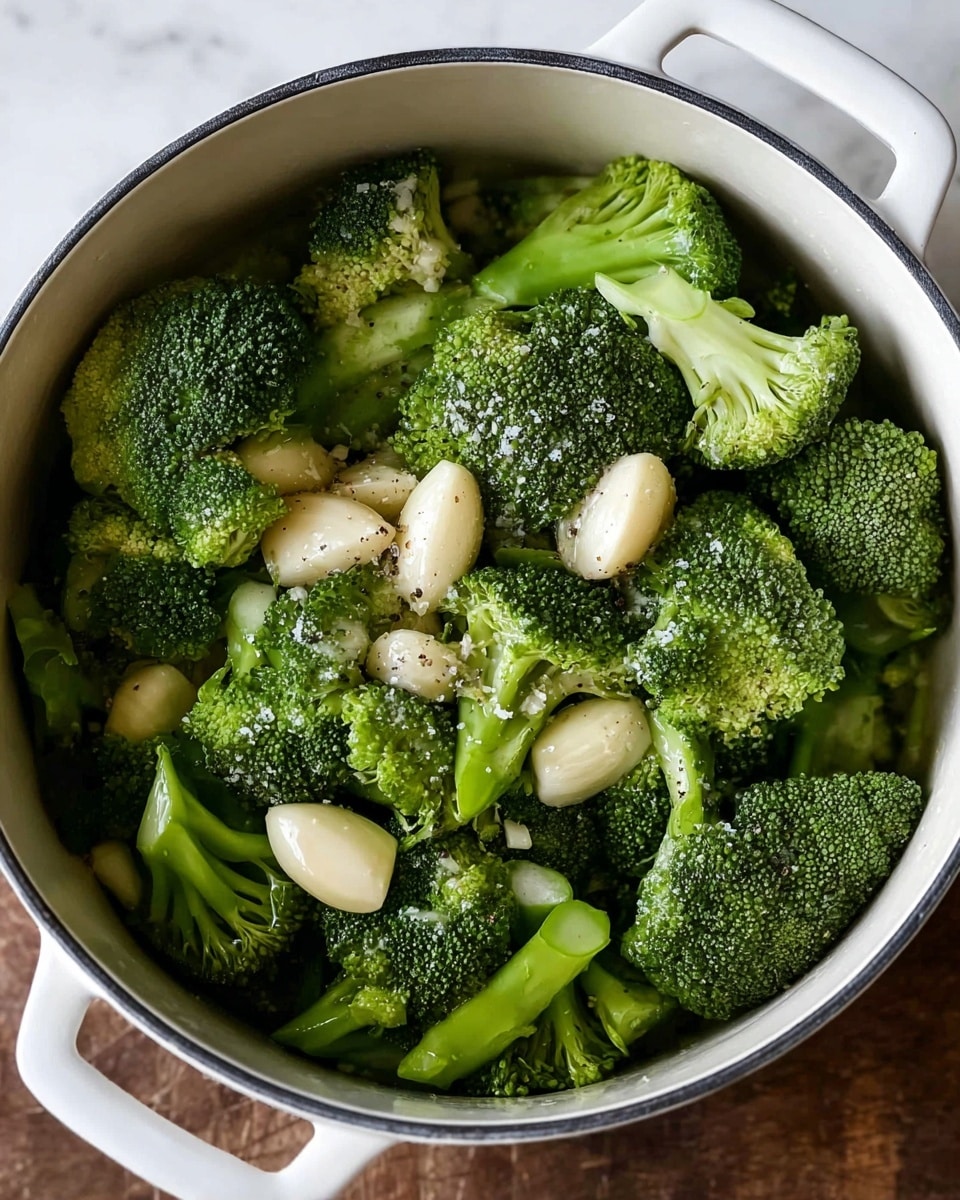 A white pot filled with fresh green broccoli florets and stems, mixed with several whole peeled garlic cloves scattered on top. The broccoli is sprinkled lightly with coarse salt and black pepper. The textures show the bumpy surface of the broccoli heads with the smooth garlic cloves contrasting. The pot sits on a white marbled surface. Photo taken with an iphone --ar 4:5 --v 7
