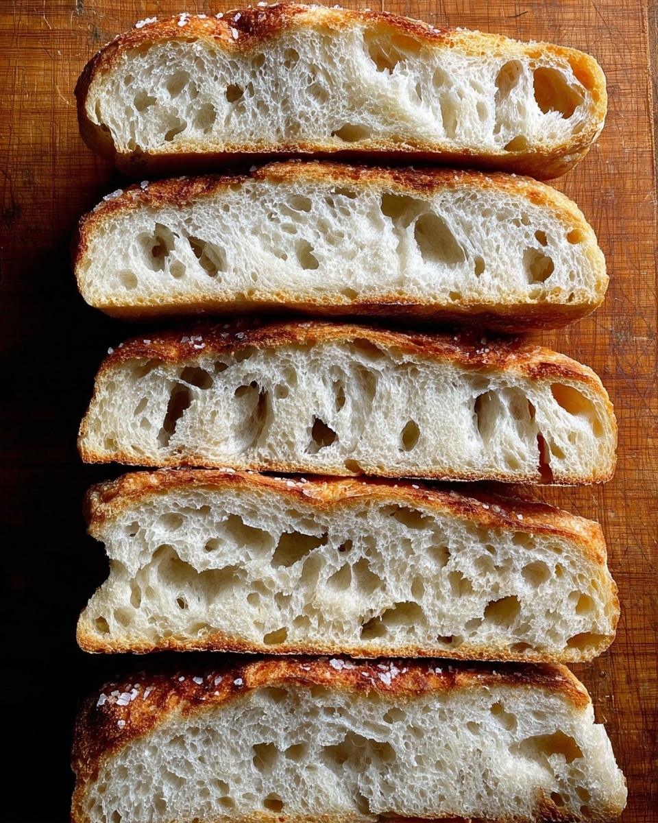 The image shows six thick slices of bread stacked vertically on a wooden surface. The bread has a golden-brown crust that appears crisp, with rough, textured tops sprinkled with sea salt flakes. Inside, the bread is light and airy, with many irregular holes and a soft, pale crumb. The crust has a slightly shiny, toasted finish, contrasting with the soft, porous interior. The surface underneath is wooden, and the overall lighting highlights the texture and color differences clearly. Photo taken with an iphone --ar 4:5 --v 7