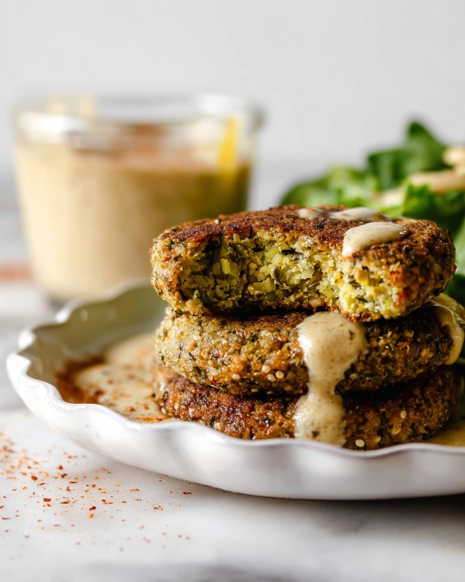 The image shows a close-up view of two falafel patties stacked on a white plate with a scalloped edge, placed on a white marbled surface. The top falafel has a bite taken out, revealing a textured greenish-yellow inside with visible herbs and grains. Both falafel patties have a crispy, browned exterior with a creamy beige sauce drizzled on top. In the background, there is a clear glass container filled with a light-colored sauce sprinkled with red spices, and some green lettuce leaves add a touch of fresh green to the scene. Photo taken with an iphone --ar 4:5 --v 7