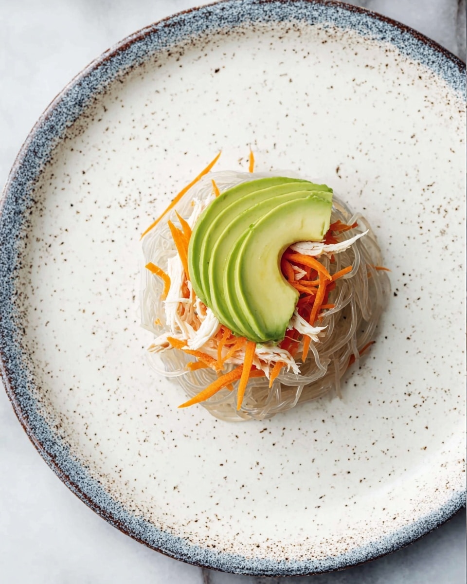 A clear, thin round rice paper wrapper sits flat on a white speckled plate, which is placed on a white marbled surface. In the center of the wrapper are four layers: at the bottom, light brown translucent glass noodles; above them, thin orange julienned carrot strips; next, white shredded chicken strips; and finally, a single bright green slice of avocado laying curved on top. The layers are arranged neatly in a small stack in the middle of the wrapper. photo taken with an iphone --ar 4:5 --v 7