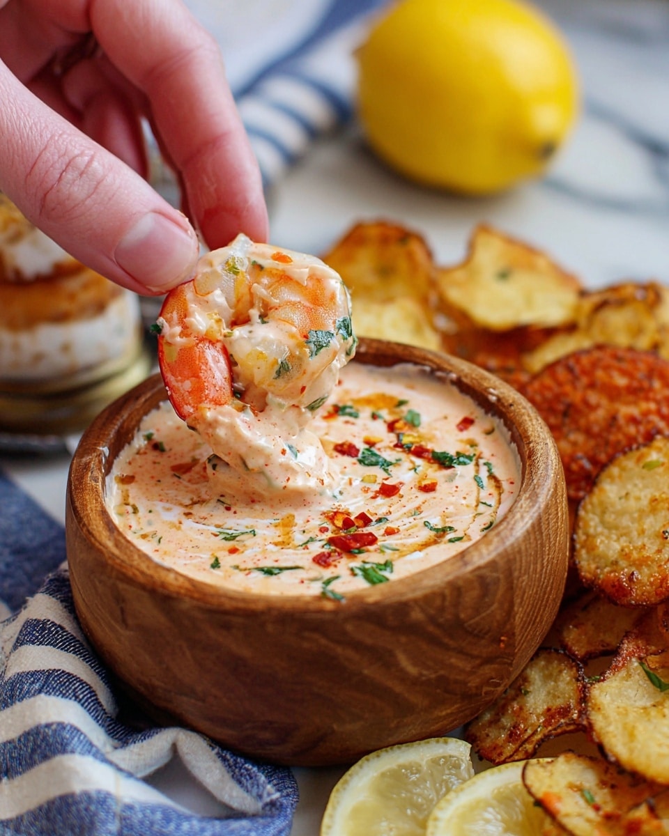 A wooden bowl filled with a creamy, light pink sauce speckled with green herbs and red chili flakes sits on a white marbled surface. A woman's hand is dipping a cooked shrimp with a light pink and white texture into the sauce, the shrimp showing some green herb bits on it. Around the bowl, there are golden brown potato chips and some fried crispy pieces, all placed on a blue and white striped cloth. In the background, a bright yellow lemon adds a pop of color. Photo taken with an iphone --ar 4:5 --v 7