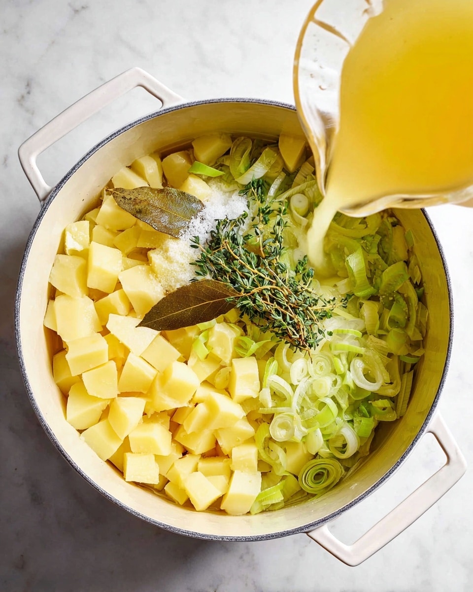 A white pot filled with three main visible layers: the bottom layer is light green sliced leeks scattered around, above that are yellow potato cubes covering most of the pot, and on top there is white salt, two green thyme sprigs, and one large brown bay leaf. On the right side, a light yellow liquid is poured from a glass jug into the pot. The pot is placed on a white marbled surface. photo taken with an iphone --ar 4:5 --v 7