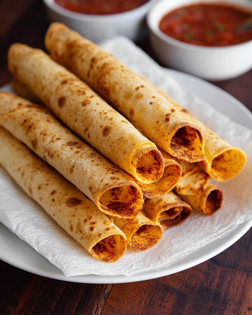 There is a white plate holding nine rolled taquitos tightly stacked on white paper towels. Each taquito has a golden brown, crispy shell with visible small brown spots, and you can see some darker, slightly burnt filling peeking out from the ends. In the background, there are two white bowls with a reddish salsa inside, placed on a dark wooden surface that has been changed to a white marbled texture. The image looks warm and inviting with close-up detail on the texture of the taquitos photo taken with an iphone --ar 4:5 --v 7