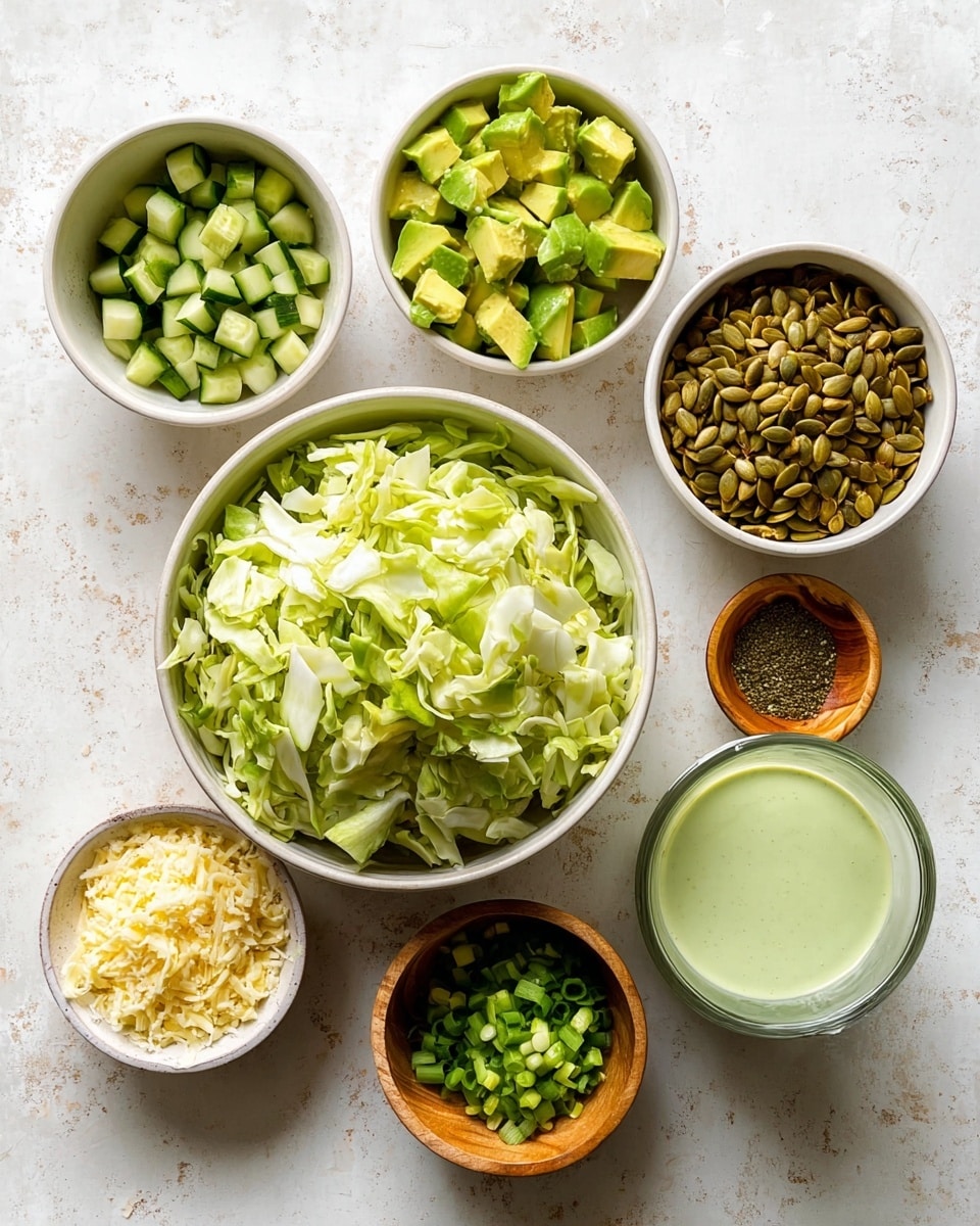 The image shows seven white bowls and one small wooden bowl arranged on a white marbled surface. The biggest bowl in the center holds light green chopped cabbage with a soft, leafy texture. To the left and slightly behind it, a medium white bowl contains small, dark green diced cucumber with a fresh, moist look. To the right and behind the cabbage, another white bowl has bright green diced avocado chunks with a creamy texture. Above the avocado, a white bowl contains light brown roasted pumpkin seeds with a slightly shiny surface. To the right of the pumpkin seeds is the small wooden bowl filled with dark green chopped spring onions, showing a crisp, cylindrical shape. Below the pumpkin seeds, a small white bowl holds light yellow crushed cheese with a crumbly texture. Lastly, near the bottom right, there is a glass filled with light green creamy dressing that looks smooth and slightly thick. photo taken with an iphone --ar 4:5 --v 7