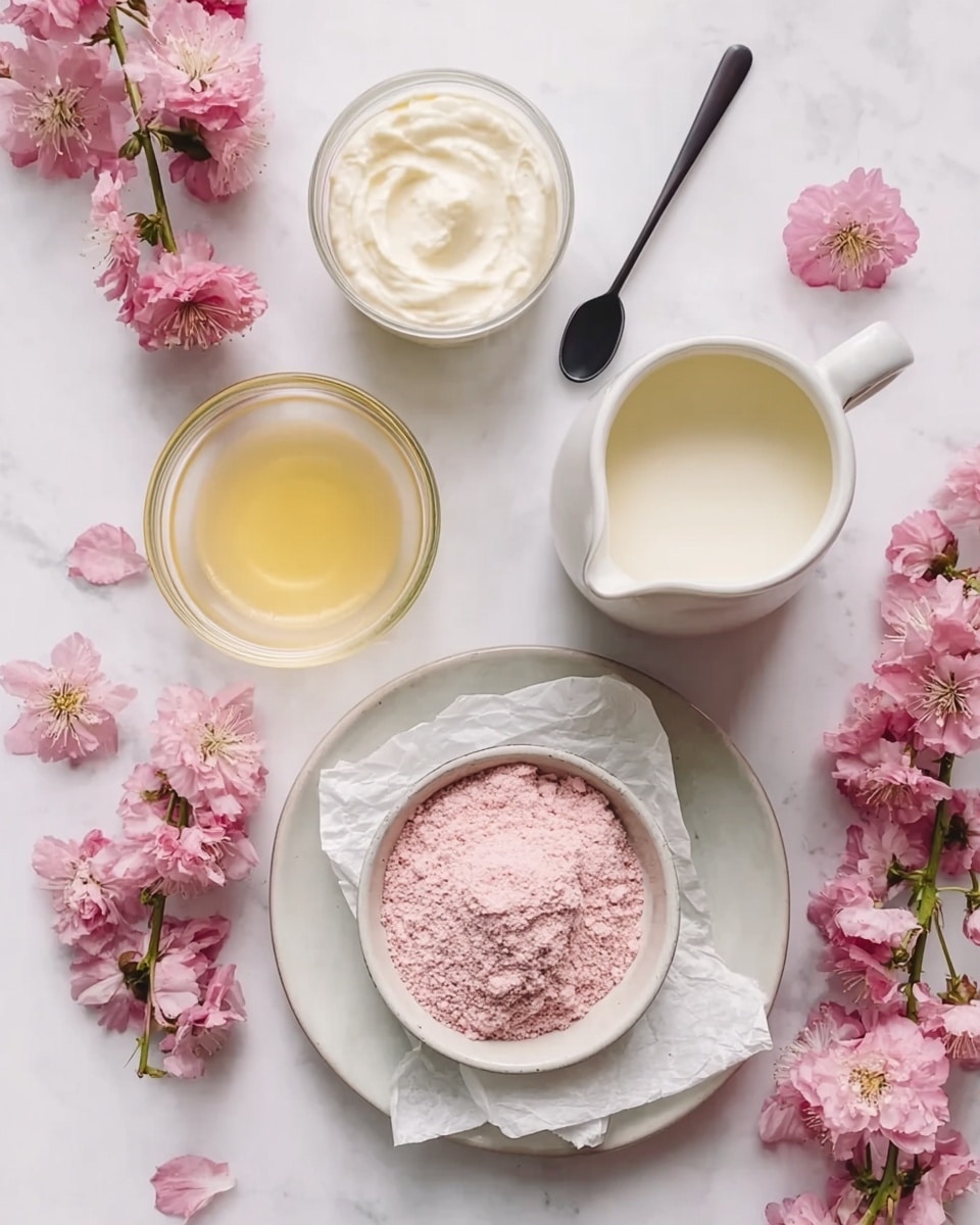 The image shows a flat lay of four small white bowls and containers arranged on a white marbled surface, surrounded by pink cherry blossom flowers and petals. One bowl at the bottom center contains a pink powdery substance with a slightly rough texture, resting on crumpled white paper on a white plate. Above it, slightly to the right, is a white jug filled with a creamy white liquid. To the left of the jug is a clear glass bowl holding a smooth, golden-yellow liquid. At the top left corner, there is another clear glass container with a thick white cream inside. A long black spoon lies above the jug, angled diagonally. The overall feel is soft and pastel with the pink flowers adding a delicate touch photo taken with an iphone --ar 4:5 --v 7