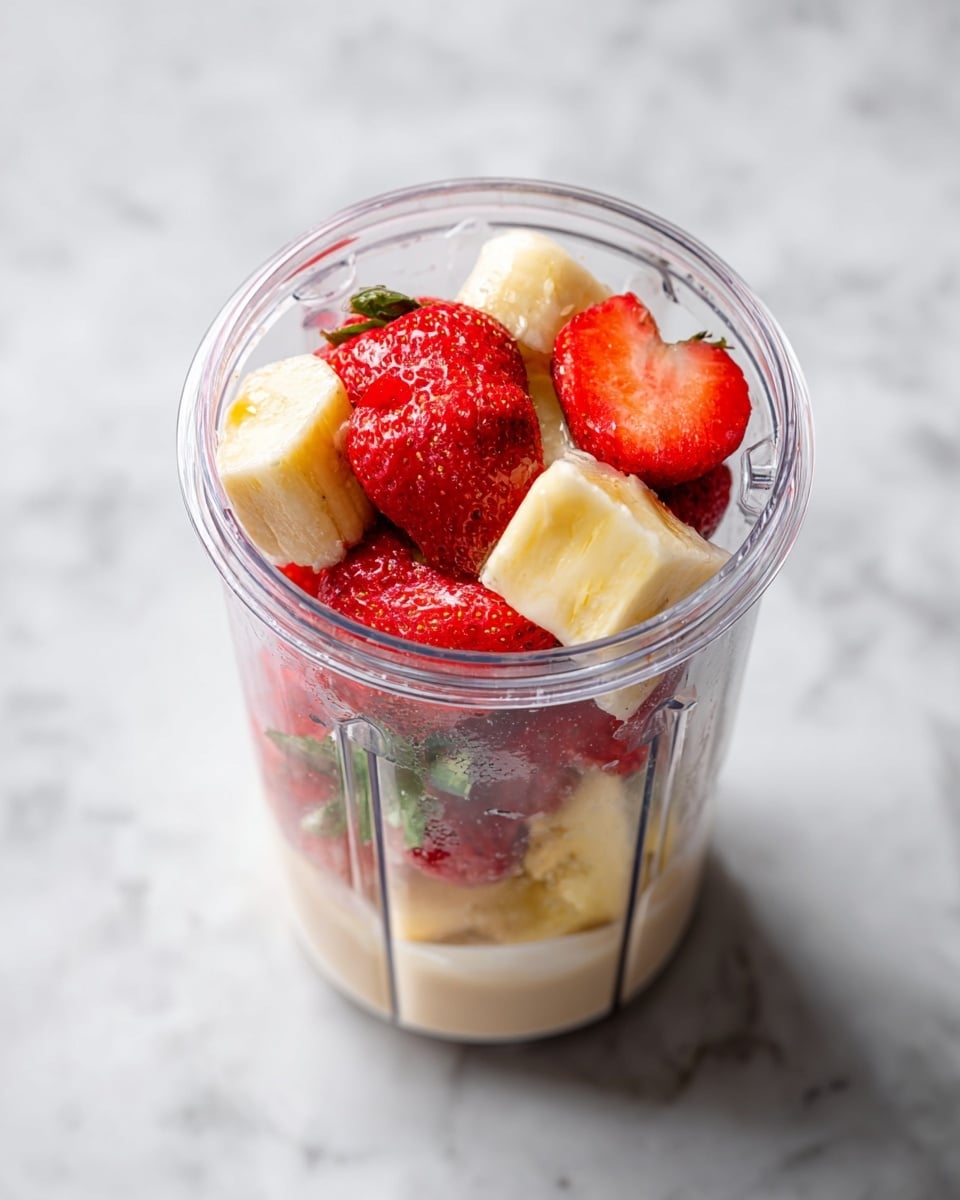 A clear blender cup filled with layers of fruit and liquid, starting with a pale beige liquid at the bottom, followed by chunks of yellow banana, and topped with whole bright red strawberries with green leaves, all stacked inside. The cup is set on a white marbled surface, showing the full colors and textures of the fresh fruit inside the transparent container. photo taken with an iphone --ar 4:5 --v 7