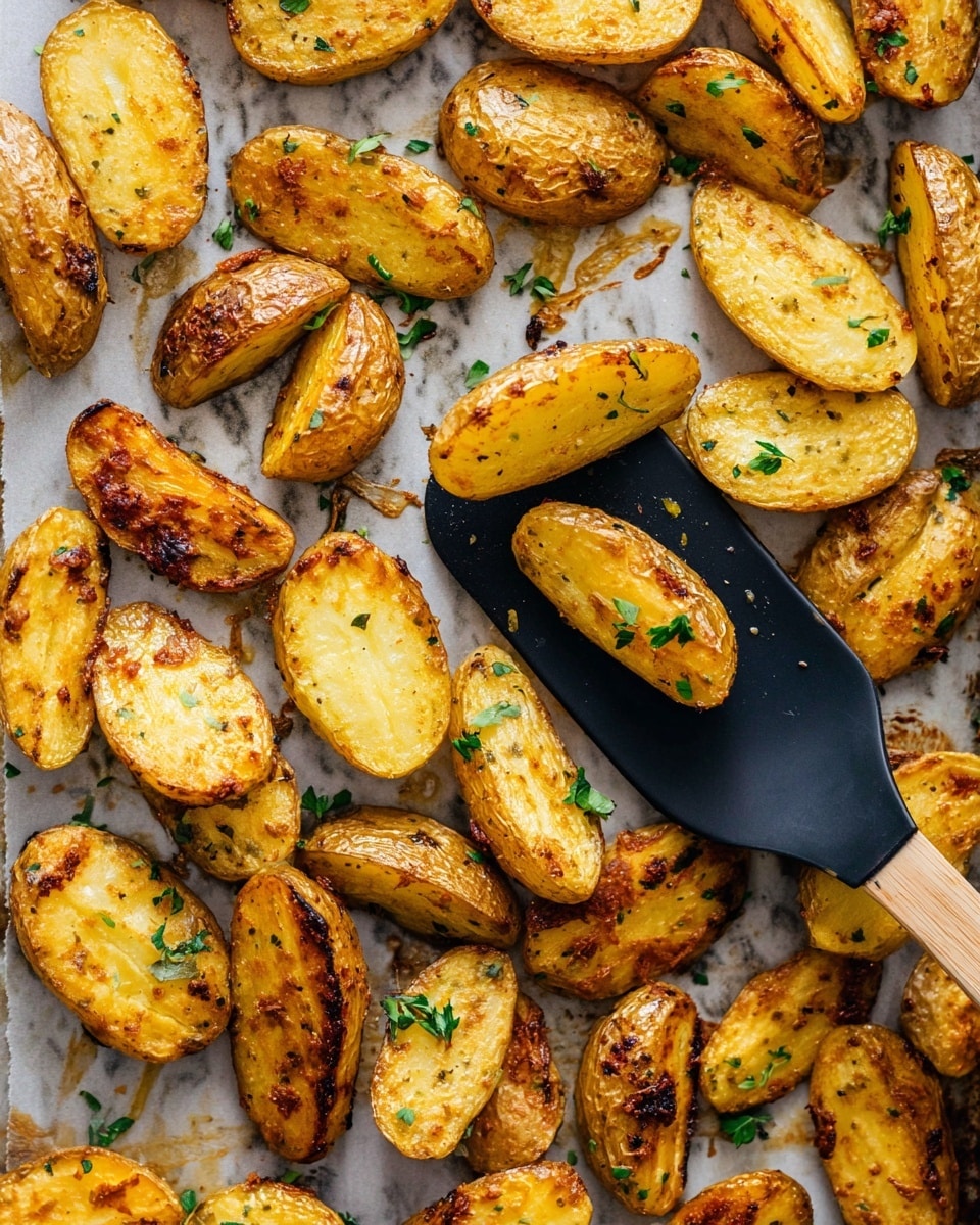 A white oval plate filled with about two layers of golden brown roasted fingerling potatoes. The potatoes have a crispy texture with some charred spots and are sprinkled with small green parsley pieces all over. A silver spoon is placed on the left side of the plate, partially covered by the potatoes. The plate is set on a white marbled surface with part of a dark blue cloth visible in the bottom left corner. photo taken with an iphone --ar 4:5 --v 7