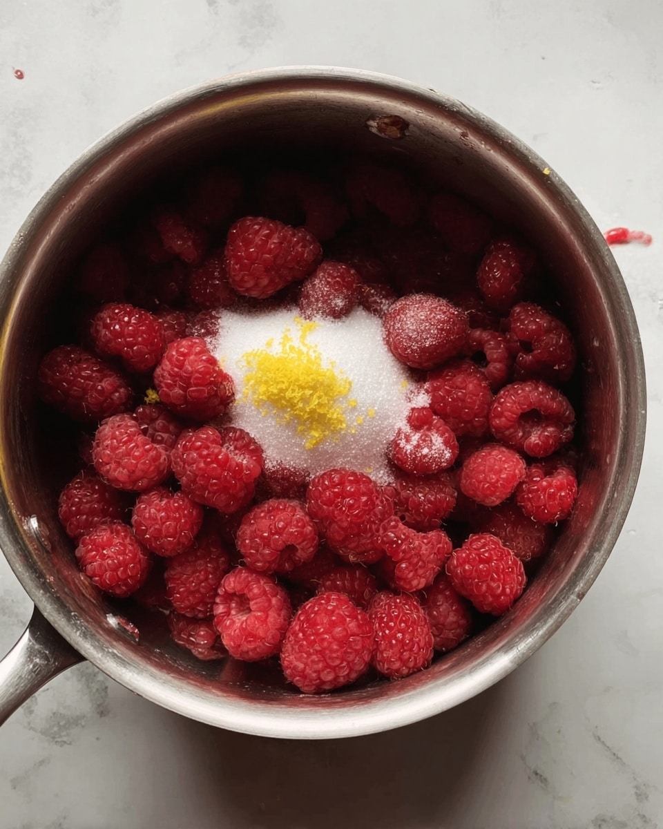 A shiny silver pot filled with bright red raspberries covering the bottom and sides, with a small pile of white sugar and a yellow zest sprinkle in the center, all on a white marbled surface. Photo taken with an iphone --ar 4:5 --v 7