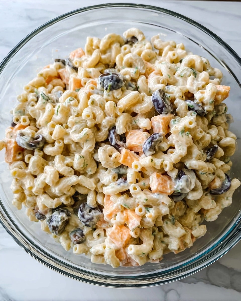 A clear glass bowl filled with a creamy macaroni salad, showing three main layers mixed together: small elbow macaroni pieces that are pale yellow and smooth, evenly mixed with diced orange cheese cubes, and black olive slices that add a dark contrast. The creamy dressing coats all ingredients, giving the salad a slightly glossy and textured look with specks of green herbs throughout. The bowl sits on a white marbled surface, adding a simple and clean background. Photo taken with an iphone --ar 4:5 --v 7