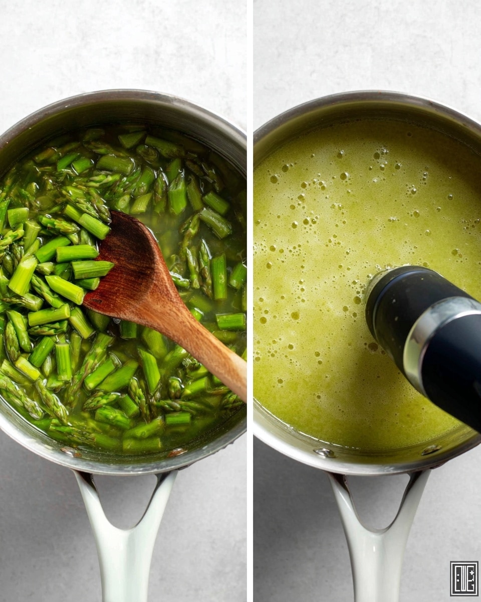 Two images side by side show the making of asparagus soup in a silver pot with a white handle on a white marbled surface. On the left, the pot is filled with bright green chopped asparagus stems and spears, mixed with clear water, and a wooden spoon is stirring them. On the right, the asparagus has been blended into a smooth, light green soup with small bubbles on the surface, and a black and silver immersion blender is halfway inside the pot. photo taken with an iphone --ar 4:5 --v 7