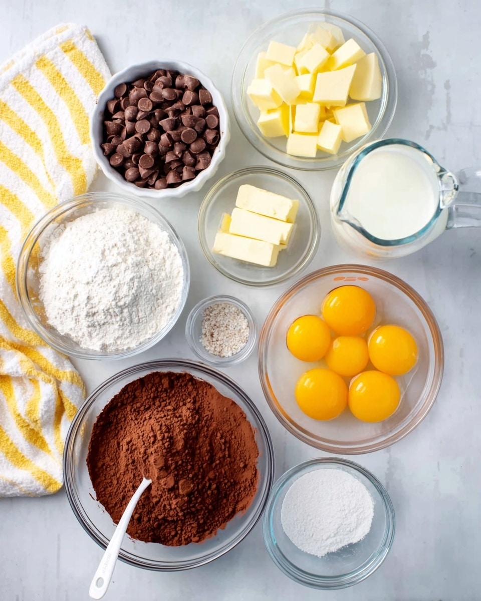 A top-down view of various ingredients arranged neatly on a white marbled surface. From top left, there is a small white bowl filled with smooth, shiny brown chocolate chips, next to it a clear glass bowl containing small cubes of pale yellow butter. Below them, a glass measuring jug is filled with white milk, and beside it, a small empty clear glass bowl. To the right of the jug, a larger clear bowl contains four raw eggs with bright yellow yolks and clear whites. Below the eggs is a large clear bowl filled with rich, dark brown cocoa powder, with a white spoon resting inside. At the bottom left, a clear bowl holds white flour, and next to it are two small clear bowls, one with a white powder (likely sugar or salt) and the other with fine granules. A white cloth with yellow and gray stripes is placed on the left edge. Photo taken with an iphone --ar 4:5 --v 7