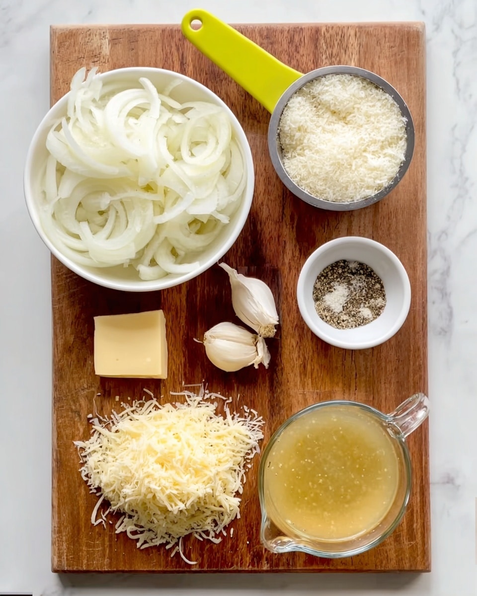 A wooden cutting board holds several ingredients arranged neatly: a white bowl filled with thinly sliced white onions sits on the left side; above it, a metal measuring cup with a bright yellow-green handle contains uncooked white rice. To the right, a small white bowl with specks of black pepper and salt rests near two peeled garlic cloves. Below, a small square piece of yellow butter is placed close to a pile of shredded pale yellow cheese. At the bottom right corner of the board, a clear measuring cup with a light yellow broth filled roughly halfway is positioned. The background is a white marbled surface. Photo taken with an iphone --ar 4:5 --v 7