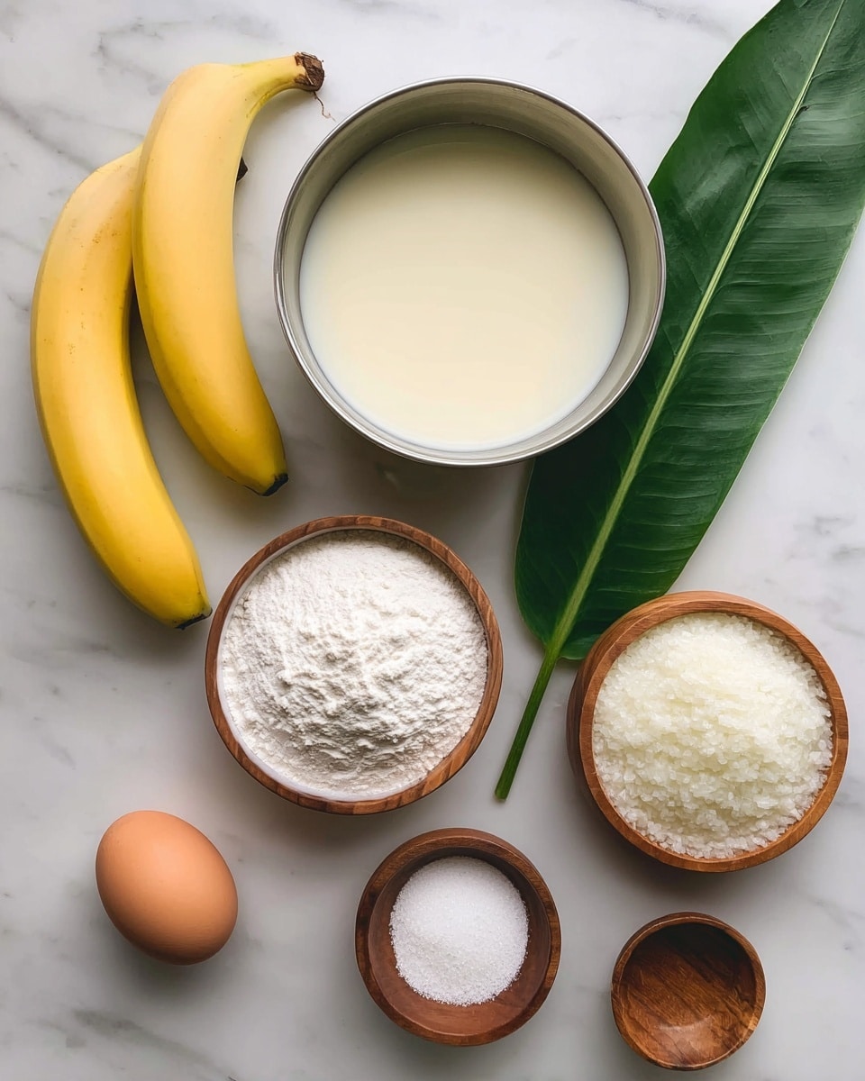 The image shows seven cooking ingredients arranged neatly on a white marbled surface. At the top left, there are two small yellow bananas with smooth skins. Next to them, on the right, is a large round metal bowl filled with a pale creamy liquid. To the right of the bowl lies a long, smooth green leaf. Below the bananas, there is a small white bowl filled with white powdery flour, and to the right of it, another small wooden bowl contains bright white powder. At the bottom left is a single brown egg with a smooth shell. Next to the egg, in the center bottom, is a small white bowl with a rough texture that holds a white, grainy, and fluffy ingredient. Finally, on the bottom right, there is an empty small wooden round bowl. The arrangement is clean and balanced. photo taken with an iphone --ar 4:5 --v 7