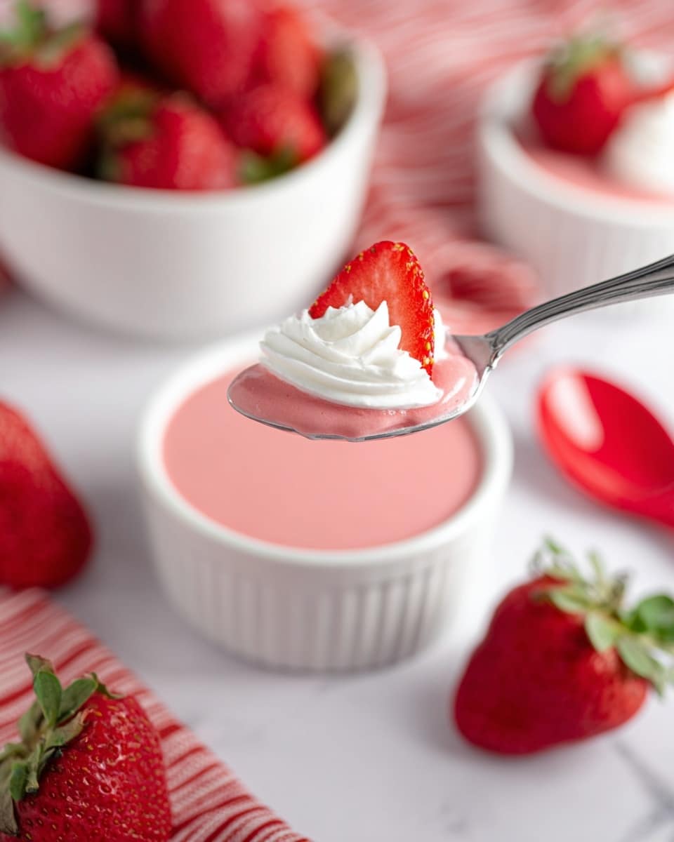 A close-up of a spoon holding a smooth pink custard topped with a small swirl of white whipped cream and half a red strawberry on the side, above a white ramekin filled with the same pink custard and decorated with half a strawberry on the surface. Around it, fresh red strawberries with green leaves are placed on a white marbled surface, a white bowl filled with whole strawberries is seen in the background, and a red spoon and a folded red and white cloth are nearby. photo taken with an iphone --ar 4:5 --v 7