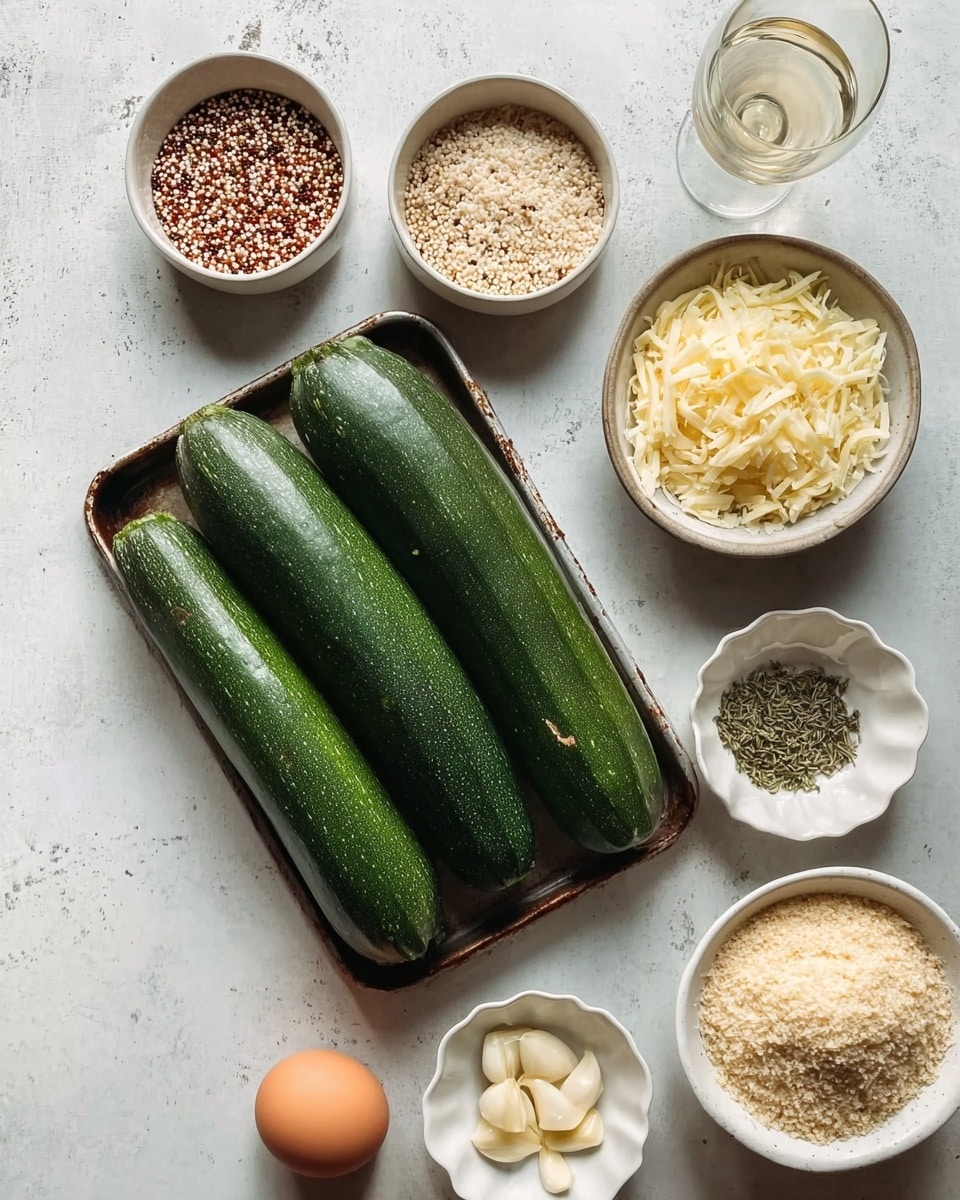 The image shows three dark green zucchinis placed closely together in a metal tray with a slightly worn texture. Surrounding the tray, there are six white bowls on a white marbled surface: the top left bowl holds a mix of small, round quinoa grains in red, white, and brown; the middle top bowl contains a single brown egg; the top right bowl is filled with a fluffy, pale yellow shredded cheese. On the right side, there is a small white bowl with dried green herbs. Below, a scalloped white bowl holds chopped garlic pieces. The largest bowl is at the bottom right, filled with light beige breadcrumbs. There is also a clear glass of white wine positioned near the top center. photo taken with an iphone --ar 4:5 --v 7