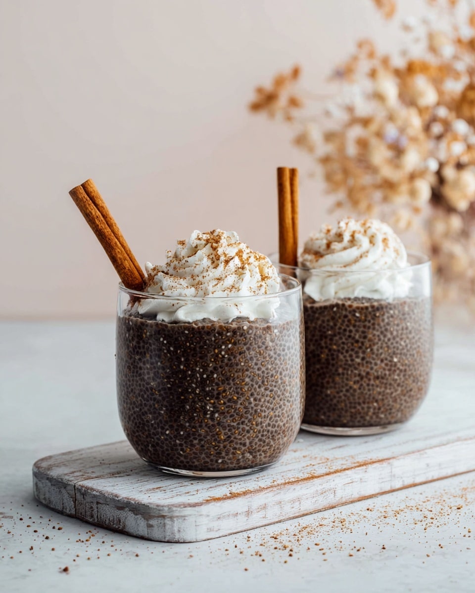 Two clear glass cups sit side by side on a worn white wooden board, each filled with a dark, thick chia pudding speckled with small light brown chia seeds. On top of each pudding is a swirl of white whipped cream sprinkled with a fine dusting of cinnamon. A single cinnamon stick stands upright in each cup, adding a tall, warm brown accent. The background shows a soft, blurred view of dried beige flowers against a pale backdrop. The surface beneath has a light dusty effect, set on a white marbled texture. photo taken with an iphone --ar 4:5 --v 7