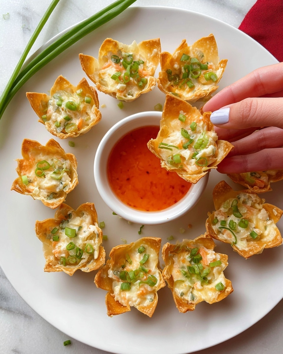 The image shows a muffin tin filled with eight golden-brown baked cups made from crispy wrappers shaped like small bowls. Each cup holds a creamy light yellow filling with visible small chunks of white and orange, likely vegetables, mixed in with melted cheese. The filling is topped with small slices of bright green scallions, adding a fresh contrast to the warm tones. The muffin tin sits on a wooden surface with a hint of a red cloth underneath one edge, and some scattered scallion pieces can be seen on the metal around the cups. photo taken with an iphone --ar 4:5 --v 7