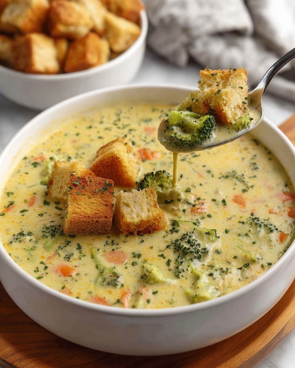 A white bowl filled with creamy broccoli soup, textured with small broccoli florets and thin carrot slices mixed throughout in a pale yellow broth. The top layer has golden brown croutons sprinkled with green herbs, and a silver spoon lifting a portion of the soup shows broccoli and carrot pieces in the creamy liquid. The bowl sits on a wooden board with a white marbled surface underneath, and in the background, there is a bowl filled with extra croutons. photo taken with an iphone --ar 4:5 --v 7