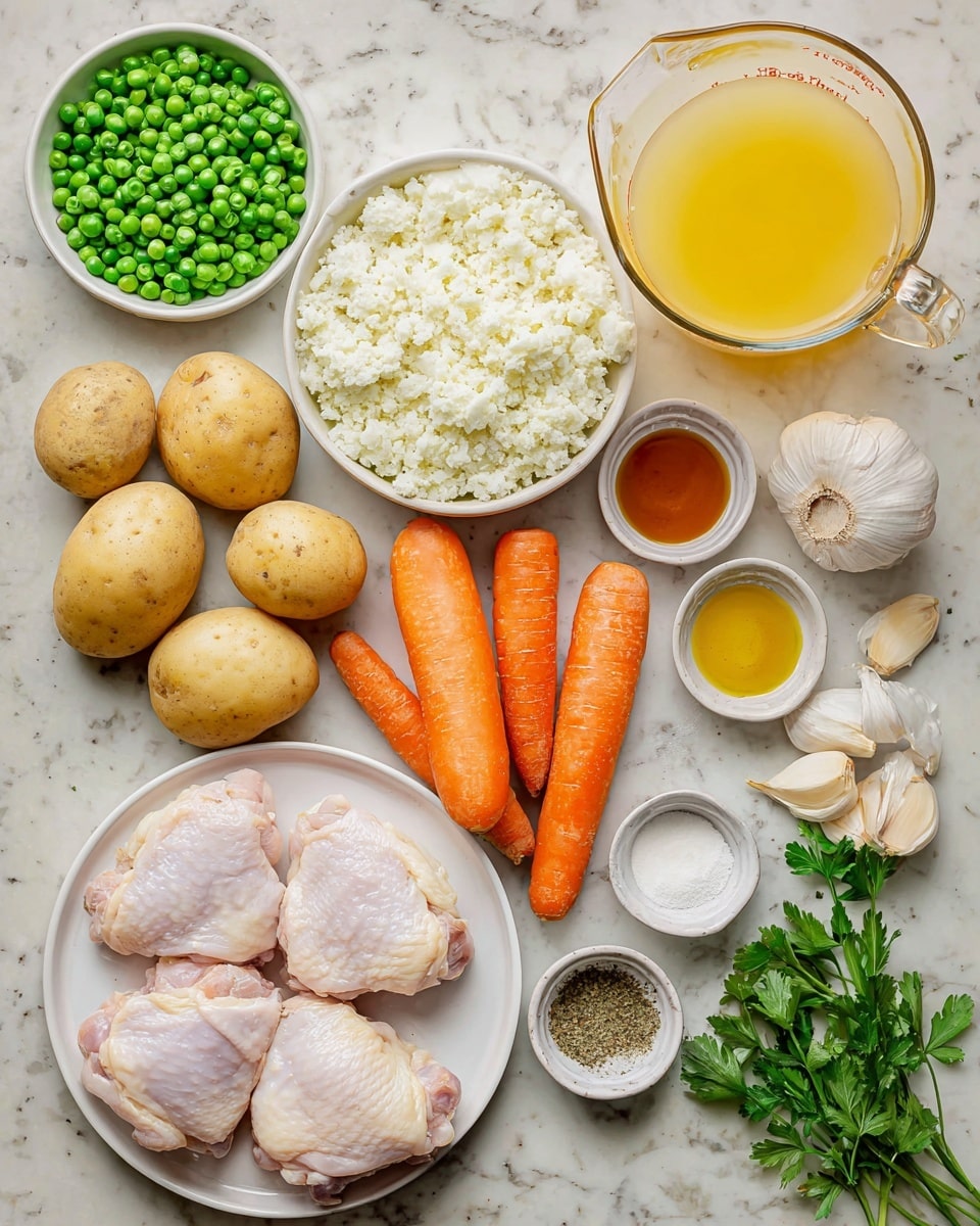 The image shows many raw ingredients arranged neatly on a white marbled surface. There are four pieces of raw chicken thighs placed on a white plate at the bottom left. To their right, there are four whole potatoes, two orange carrots with green tops, and a yellow onion. Above the chicken, there is a white bowl of frozen green peas and another white bowl with chopped cauliflower rice. A large glass measuring cup filled with light yellow broth is at the top right, next to small bowls containing light brown liquid soy sauce, bright yellow oil, dried herbs, salt, pepper, and creamy white yogurt. There are also several garlic cloves and some fresh green parsley leaves placed near the bowls. The items are well spaced, making each ingredient clear and visible, photo taken with an iphone --ar 4:5 --v 7