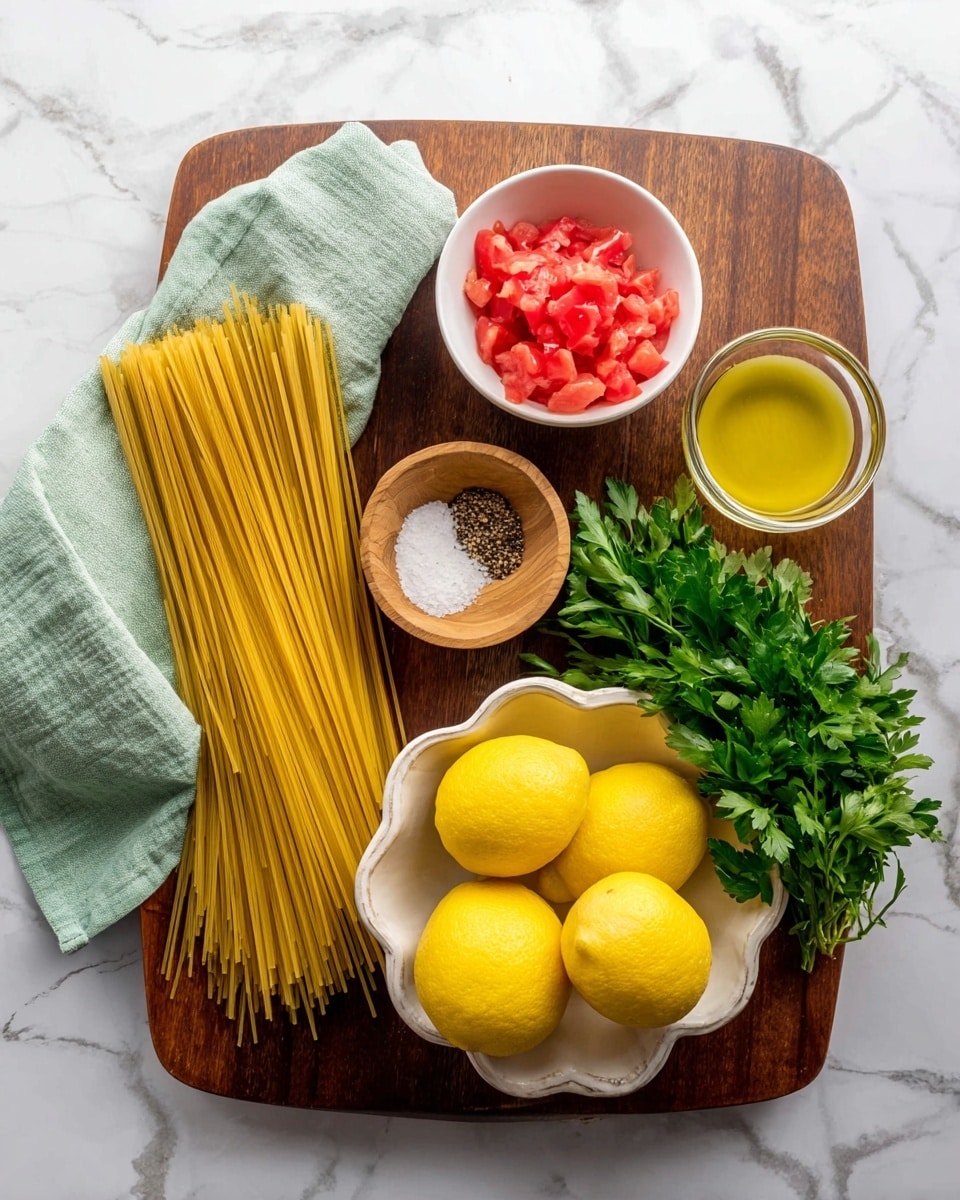 A wooden board sits on a white marbled surface, holding several cooking ingredients. On the left, a bundle of uncooked spaghetti pasta partly wrapped in a light green cloth lays diagonally. Next to it on the board, from top to bottom, is a small white bowl filled with red chopped tomatoes, a small wooden bowl containing white salt and black pepper, and a clear glass bowl with golden olive oil. On the right side of the board, a bunch of fresh green parsley rests near a white decorative bowl filled with four whole bright yellow lemons. Photo taken with an iphone --ar 4:5 --v 7