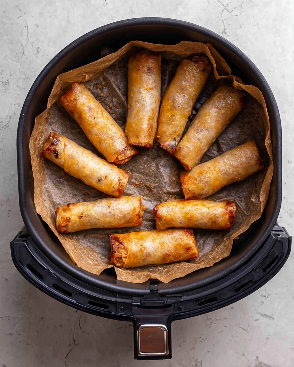 The image shows eight golden-brown spring rolls arranged in a circle inside a black air fryer basket lined with brown parchment paper. The spring rolls have a shiny, slightly crispy texture with some darker browned spots. The air fryer basket has a handle, and the whole setup sits on a white marbled surface. photo taken with an iphone --ar 4:5 --v 7