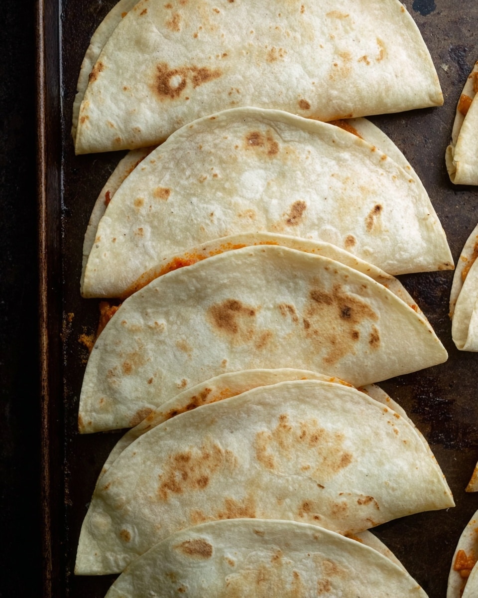 Multiple folded tortillas are placed evenly on a dark baking tray. Each tortilla is light beige with slight brown spots and a soft texture. They are folded in half, enclosing fillings inside, with hints of an orange filling slightly visible at the edges. The tortillas overlap slightly and are arranged close together on the tray. The overall look shows them ready to bake or freshly baked. Photo taken with an iphone --ar 4:5 --v 7