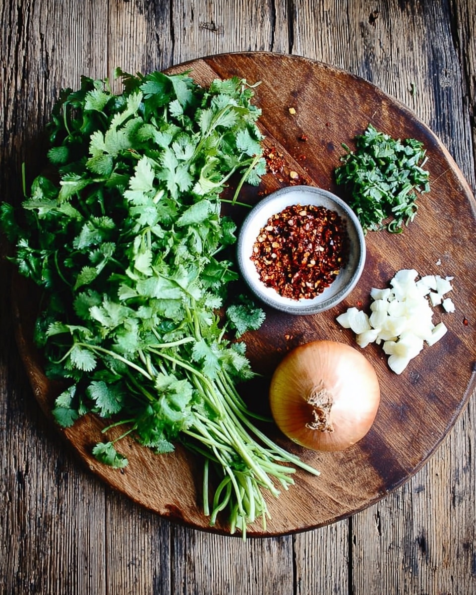 A round wooden cutting board holds four items arranged in separate groups: a large bunch of fresh green cilantro leaves with long stems on the left side, a small white bowl filled with mixed red and brown spices with visible dried seeds above center, a small pile of chopped white garlic pieces to the right of the bowl, and a whole light brown onion with papery skin resting on the lower right edge. The cutting board is set on a textured wooden surface. photo taken with an iphone --ar 4:5 --v 7