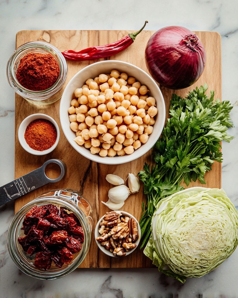 A wooden cutting board on a white marbled surface displays various fresh ingredients. In the middle is a white bowl filled with light beige chickpeas. To the right of the bowl, there is a bunch of fresh green parsley, a round red onion with papery skin, and a small light green cabbage positioned close together. On the left side near the top, there is a whole red chili pepper and three peeled garlic cloves. Below these, a small white bowl holds two types of ground spices in red and orange colors. Next to it, a metal measuring cup contains mixed pecan nuts. In front of the chickpeas, another small white bowl contains dark red pieces of sun-dried tomatoes. At the bottom left corner, an open jar shows whole peeled red roasted peppers inside. The overall setup is neat and colorful. photo taken with an iphone --ar 4:5 --v 7