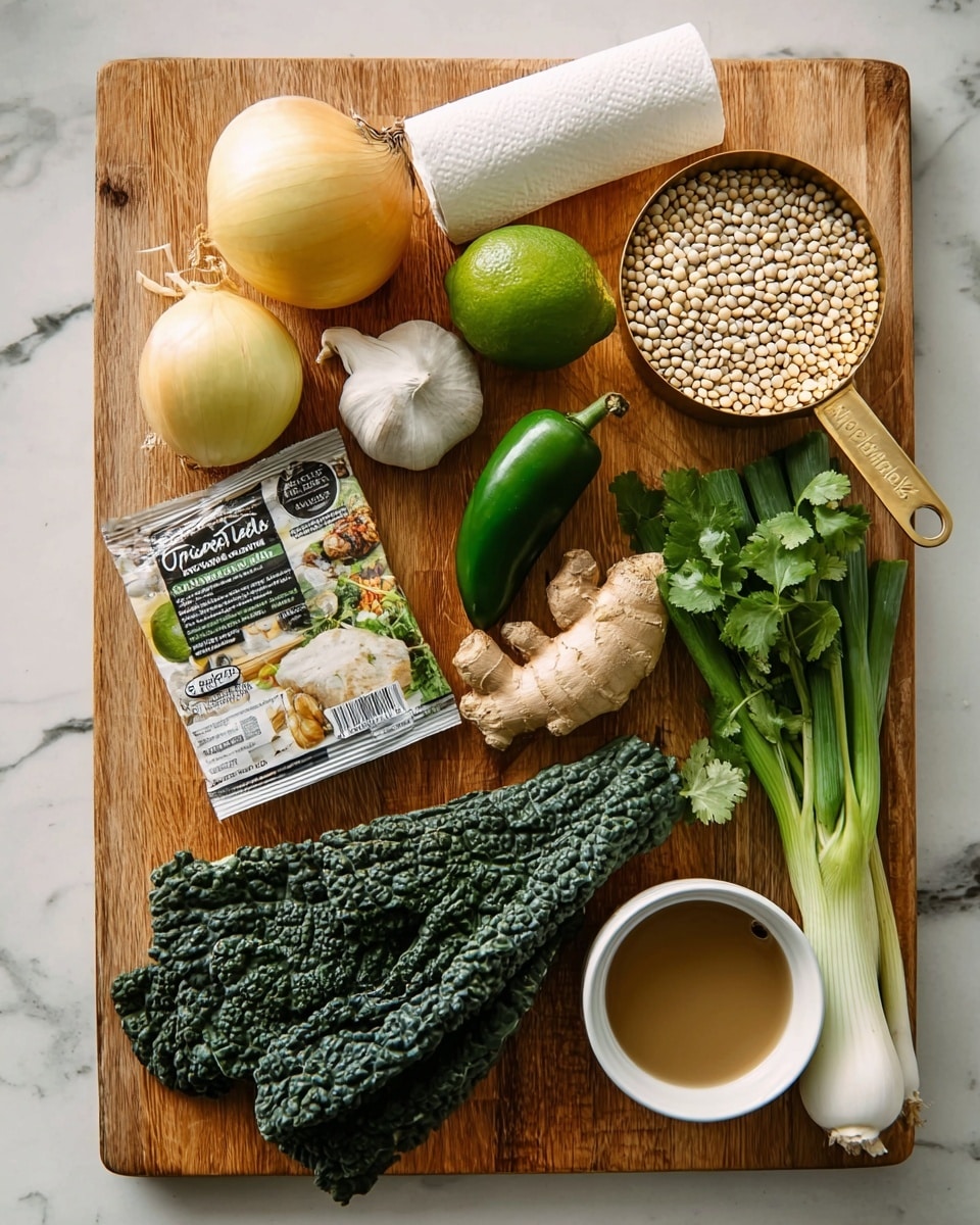 The image shows a wooden cutting board with fresh ingredients neatly arranged on it. On the top left, there is a yellow onion, a lime, and a whole garlic bulb. Next to them is a gold measuring cup filled with small white lentils. Below the lentils, on the left, is a package of organic tofu and a green chili pepper. To the right of the chili pepper is a piece of fresh ginger. In the center right, a bunch of green scallions lies next to dark green, textured kale leaves. On the far right, fresh cilantro is placed over a white paper towel roll. At the bottom right of the board, there is a small white bowl with light brown liquid. The cutting board sits on a white marbled surface. Photo taken with an iphone --ar 4:5 --v 7