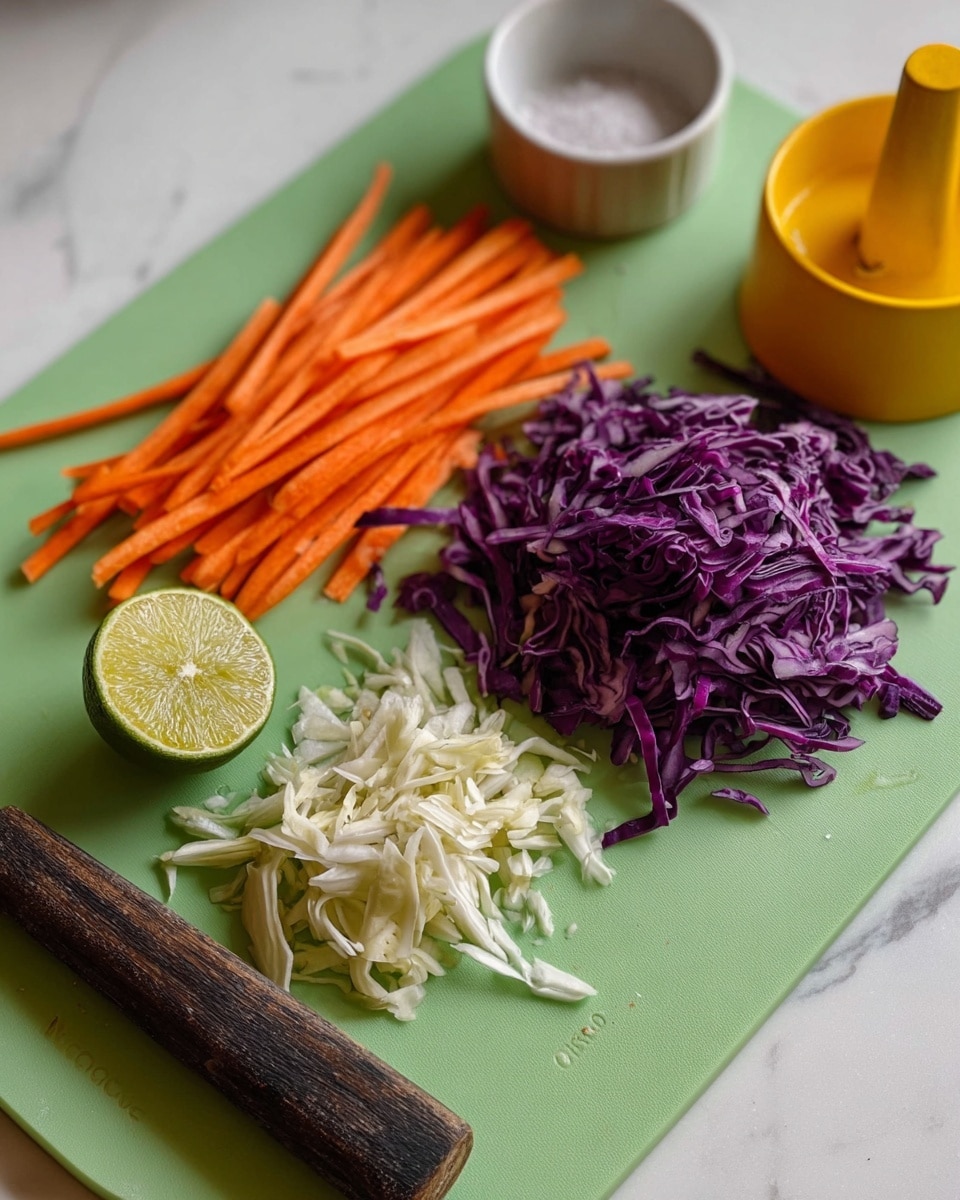 The image shows a green cutting board with three main layers of ingredients arranged in separate small piles. At the top is a pile of thin orange carrot sticks, in the middle is a half lime cut side up showing its pale green juicy interior, and at the bottom is a pile of shredded purple cabbage showing white inner pieces. Behind these ingredients, on the white marbled surface, there is a white small bowl with salt and a bright yellow lemon squeezer. At the bottom right edge of the board is a dark wooden tool. Photo taken with an iphone --ar 4:5 --v 7
