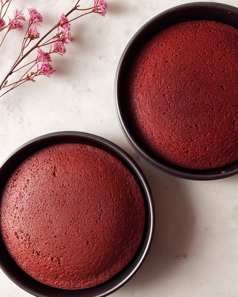 Two round red velvet cake layers in black baking pans sit on a white marbled surface. Both cakes are smooth on top with slight cracks and have a deep reddish-brown color, showing a dense texture. One cake is placed near the top right corner of the image, and the other is closer to the bottom left, angled slightly. There are small pink flowers with thin branches in the upper left corner, adding a soft decorative touch. photo taken with an iphone --ar 4:5 --v 7