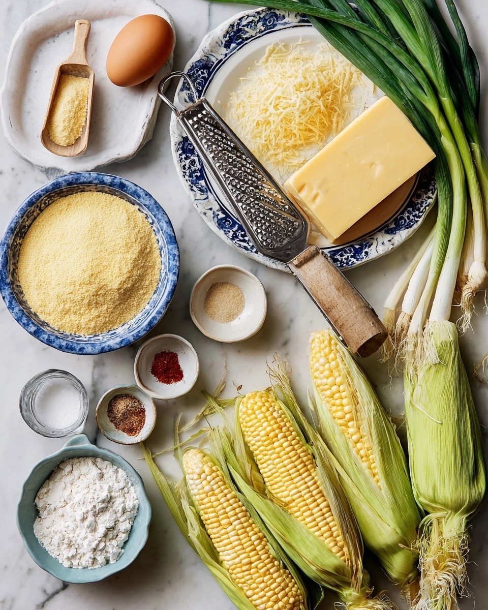 The image shows fresh cooking ingredients arranged on a white marbled surface. There are three ears of corn with bright yellow kernels and green husks in the bottom right. Above the corn, a block of yellow cheese sits with some grated cheese next to an old metal grater on a white plate. Beside the plate are green onions with deep green stalks and white bulbs. To the left, a single brown egg rests near a small blue bowl filled with white flour. Nearby, a white plate holds measuring spoons, a small bowl of light beige powder, red spice, and a tiny cup with a clear liquid. Above that, a decorative white and blue bowl is filled with pale yellow cornmeal, with a wooden-handled scoop resting in it. A salt shaker and clear bowl of salt are also visible near the top. Photo taken with an iphone --ar 4:5 --v 7