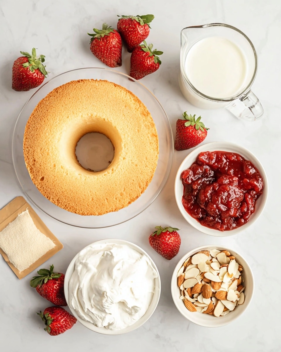 A light brown sponge cake with a hole in the center sits on a clear round plate on a white marbled surface. Surrounding it are small white bowls filled with bright red strawberry topping, fluffy white whipped cream, and smooth white cream cheese frosting. There is also a glass bowl of sliced almonds and a clear measuring cup filled with white milk. Fresh red strawberries with green leaves are scattered around the bowls and cake. A beige powder packet lies beside the bowls. The scene is bright and clean, with all items neatly arranged. photo taken with an iphone --ar 4:5 --v 7