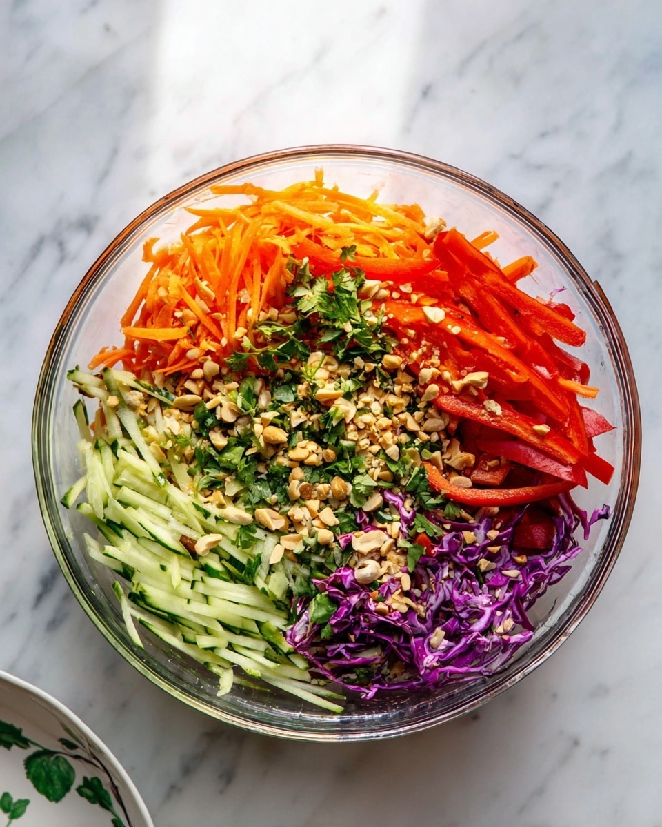 The image shows a clear glass bowl filled with colorful vegetables arranged in separate sections. From left to right, there are bright orange carrot sticks, red bell pepper strips, light green cucumber sticks, and shredded purple cabbage. On top, there are chopped green herbs and crushed peanuts scattered evenly across the vegetables. The bowl is placed on a white marbled surface, and a part of a white plate with a green design is visible at the bottom left. The lighting is bright and natural, emphasizing the fresh colors of the salad. photo taken with an iphone --ar 4:5 --v 7
