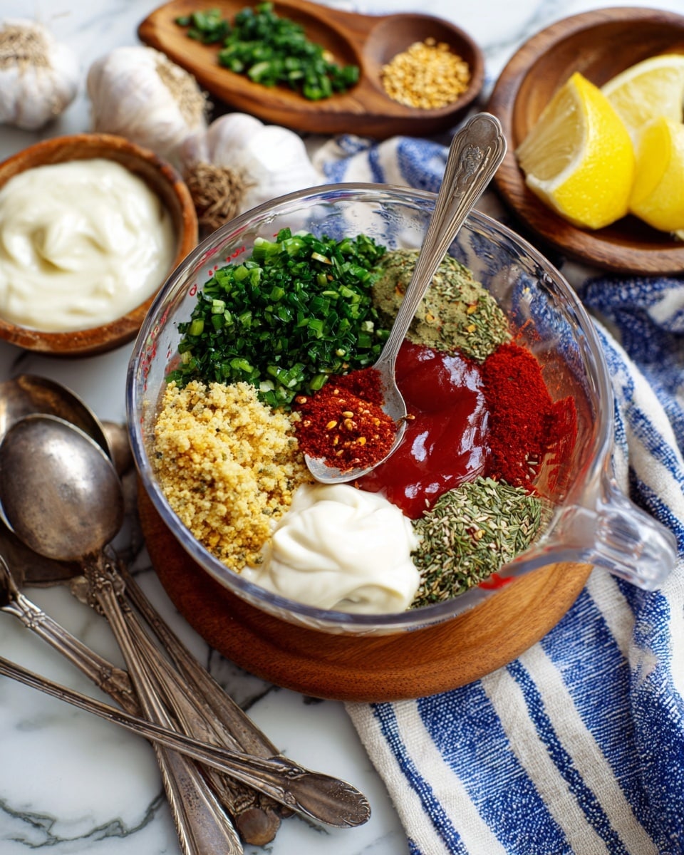 A clear glass measuring cup holds seven different ingredients separated in layers around a small spoon in the center: bright green chopped herbs, deep red ketchup, smooth white mayonnaise, finely chopped green chives with a red powder sprinkled on top, grainy yellow mustard with visible seeds, black pepper mixed with salt, and dried green parsley. The cup sits on a round wooden coaster, placed on a white marbled surface with a blue and white striped cloth underneath. Around the cup are two silver spoons, a whole garlic bulb, a bowl of white creamy sauce, a small wooden bowl with two bright yellow lemon wedges, and a wooden tray with mustard seeds, chopped herbs, and red powder. Photo taken with an iphone --ar 4:5 --v 7