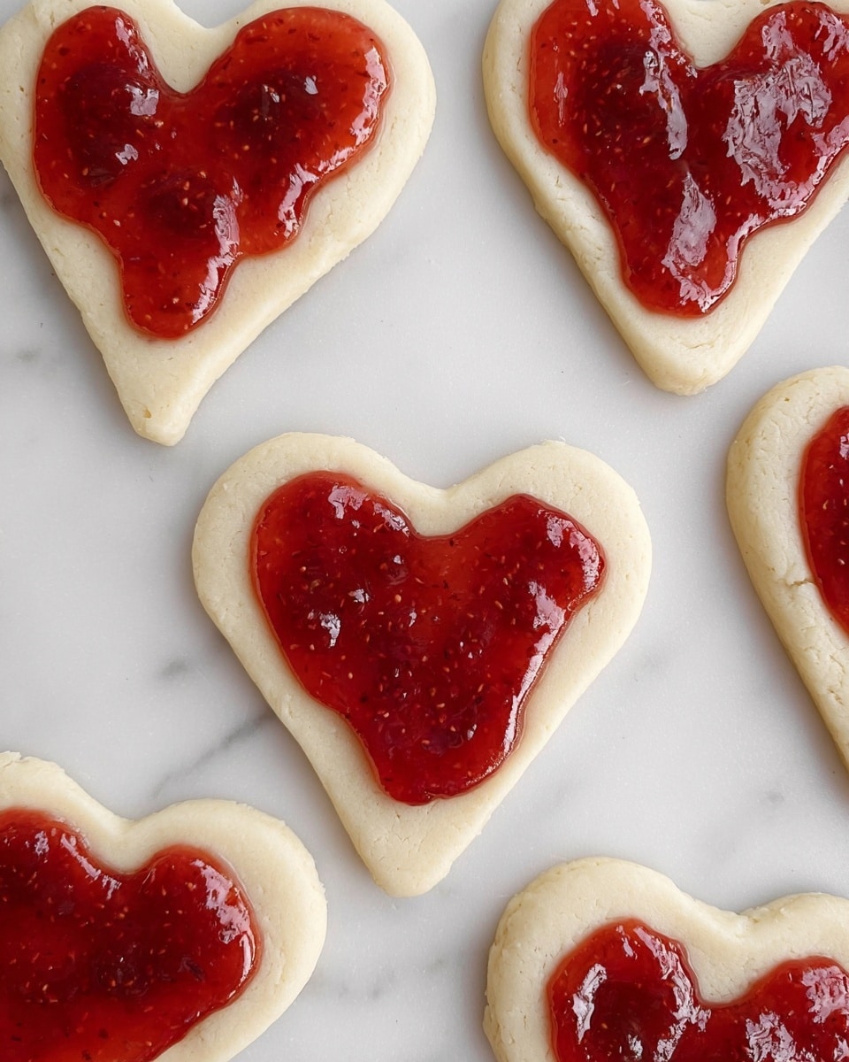 The image shows several heart-shaped pieces of light-colored dough placed flat on a white marbled surface. Each dough heart has a thick layer of shiny, red jam spread unevenly on top, covering most of the center area but leaving some edges visible. The jam has a smooth texture with some small fruit chunks, creating a glossy contrast against the soft, matte dough. The hearts are arranged loosely and spaced apart, with no other objects or decorations visible. Photo taken with an iphone --ar 4:5 --v 7