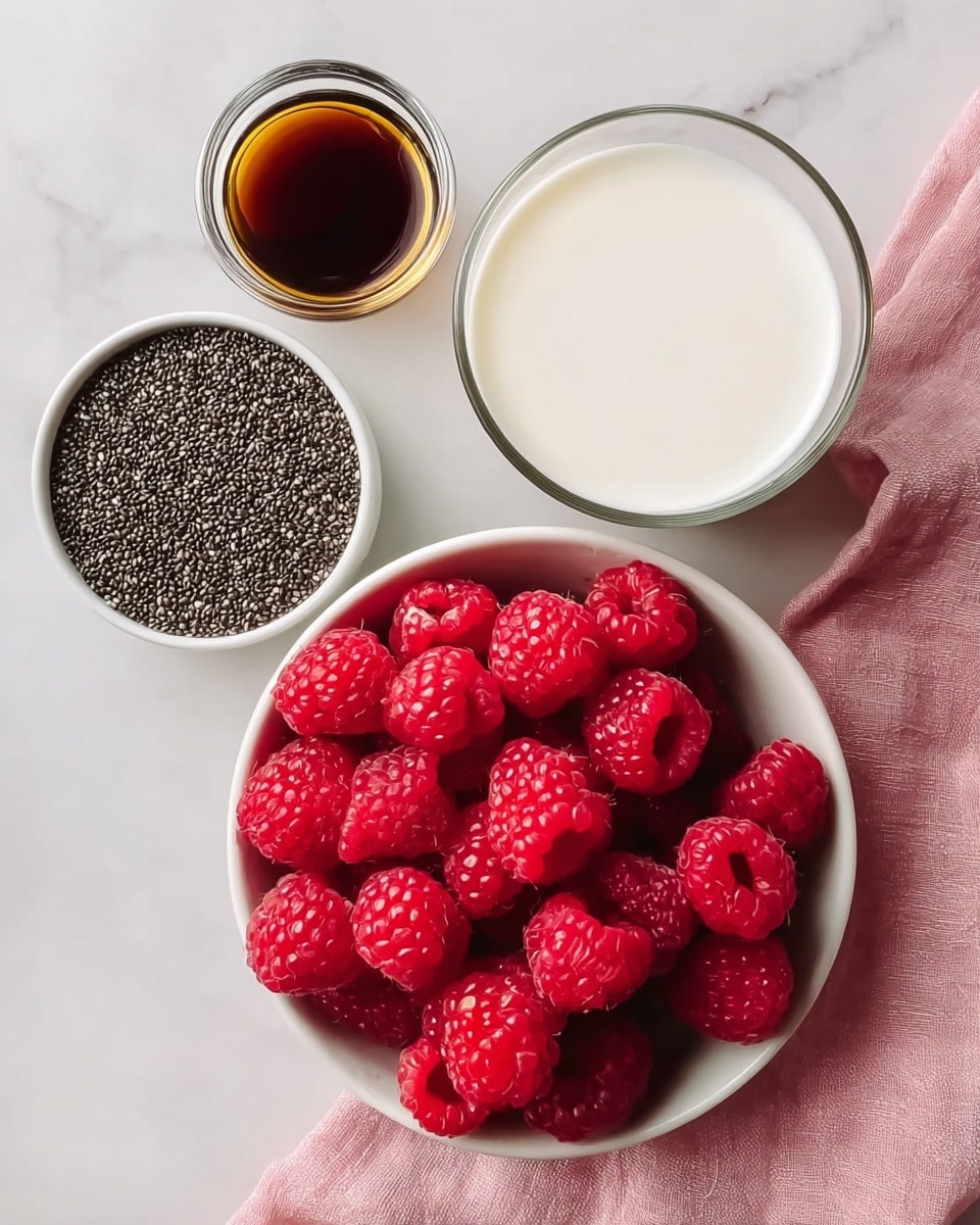 The image shows four main items placed on a white marbled surface with a pink cloth partially underneath. On the bottom right, there is a white bowl filled with bright red raspberries that look fresh and plump. Above the bowl, slightly to the right, is a clear glass cup filled with white milk. To the left of the glass cup, there is a small white bowl filled with small black chia seeds with a shiny texture. Above that bowl, there is a small clear glass container holding dark brown liquid, likely vanilla extract. All items are arranged close together, creating a neat and colorful display. photo taken with an iphone --ar 4:5 --v 7