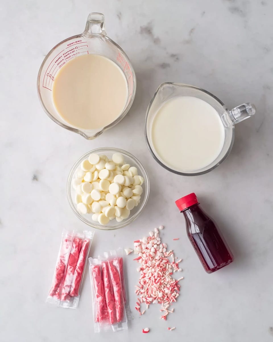 The image shows five sets of ingredients on a white marbled surface. On the top left, there is a glass measuring cup filled with a light beige liquid, next to it on the right is another glass measuring cup filled with white milk. Below the beige liquid cup, there is a small clear glass bowl filled with white chocolate chips. Toward the bottom center, there are five small packets of different pink and red sprinkles arranged in a scattered manner. At the bottom right corner, there is a small bottle with red liquid food coloring with a red cap. Photo taken with an iphone --ar 4:5 --v 7