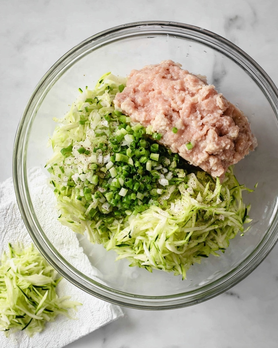 A clear glass bowl sits on a white marbled surface, holding three main layers: on the bottom is a layer of pale pink ground meat, on the right upper side is a heap of shredded light green zucchini, and on the left upper side are chopped green onions and small bits of white onion, all sprinkled with black pepper. Next to the bowl on the surface is a white paper towel with extra shredded zucchini on it. photo taken with an iphone --ar 4:5 --v 7