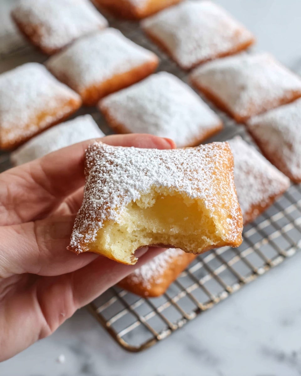A close-up image shows a woman's hand holding a square fried pastry with a bite taken out, revealing a soft, golden inside. The pastry is coated with a light layer of powdered sugar that also covers several similar pastries placed in neat rows on a metal cooling rack in the background. The texture of the pastries is slightly crisp on the outside with a fluffy interior. The whole setup is on a white marbled surface. Photo taken with an iphone --ar 4:5 --v 7