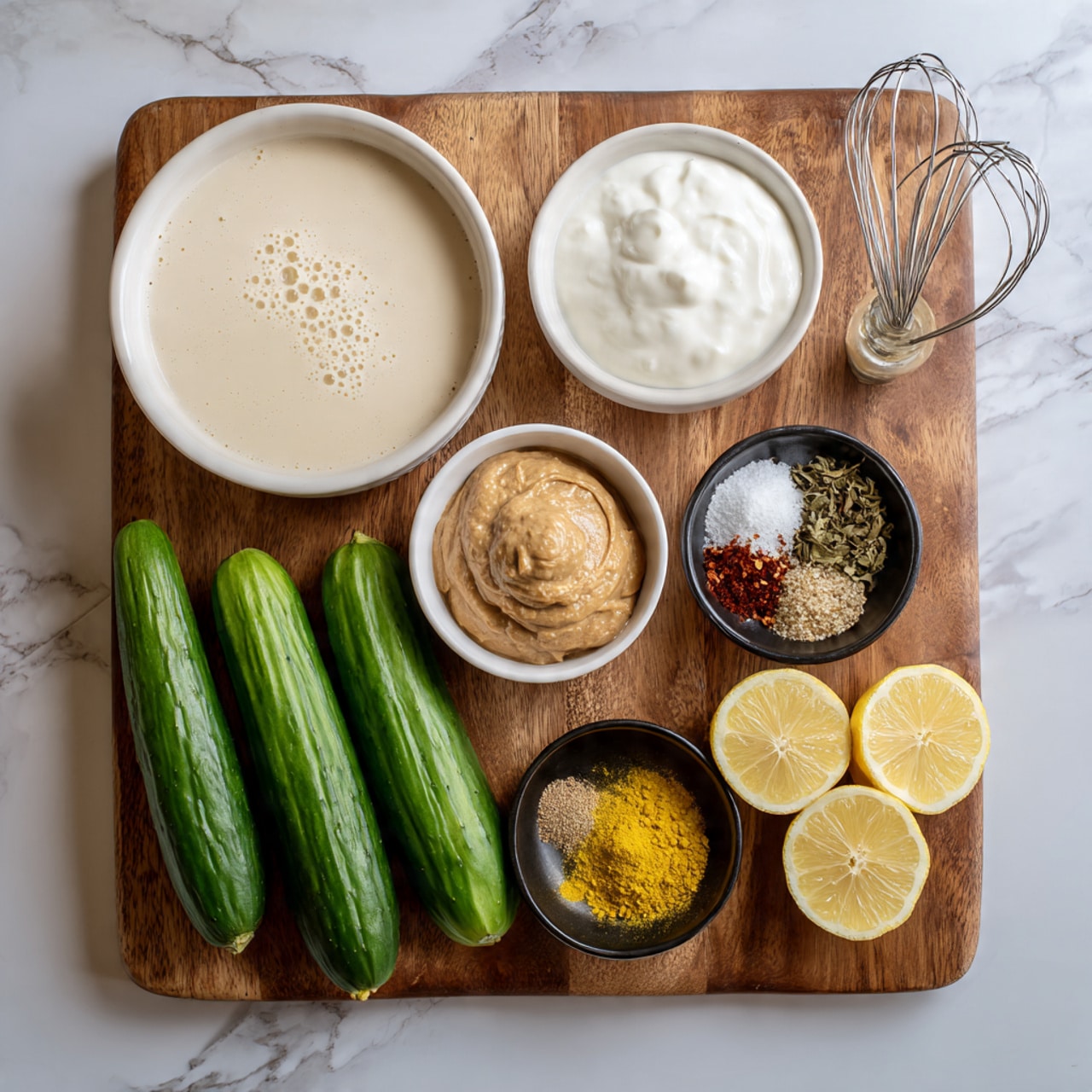 The image shows a wooden board with a variety of ingredients arranged neatly on a white marbled surface. There are two long green cucumbers at the bottom left, next to a white bowl filled with a creamy beige sauce with small bubbles on the surface. Above it is another white bowl with thick white yogurt or cream. To the right of these is a small white dish holding a thick tan-colored paste. Next to it, a small black bowl contains a mix of dried herbs and spices including white powder, black specks, green flakes, and red powder. Below that, another black bowl is filled with bright yellow powder. On the right side of the board, there are two lemon halves showing their yellow rind and juicy interior. Part of a large clear glass mixing bowl with a whisk inside is visible by the top right edge. The photo taken with an iphone --ar 4:5 --v 7
