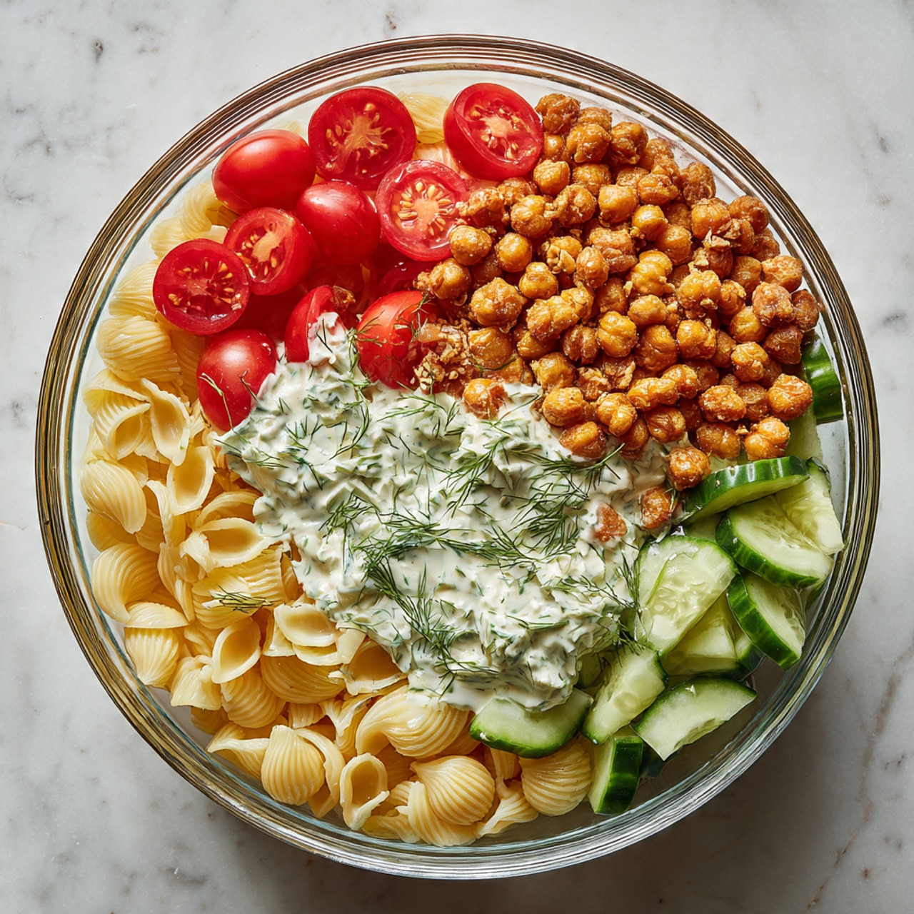 The image shows a clear glass bowl on a white marbled texture surface filled with 5 main layers. The bottom layer is light yellow pasta shells, evenly spread. On top, there are bright red cherry tomato halves clustered mostly to one side. Next to the tomatoes, fresh green cucumber slices are placed, with their light green skin and pale interior visible. Golden brown roasted chickpeas form a thick layer covering part of the cucumbers and tomatoes. Finally, a creamy white sauce with green dill sprinkled on top covers part of the chickpeas, adding a smooth texture and fresh look. Photo taken with an iphone --ar 4:5 --v 7