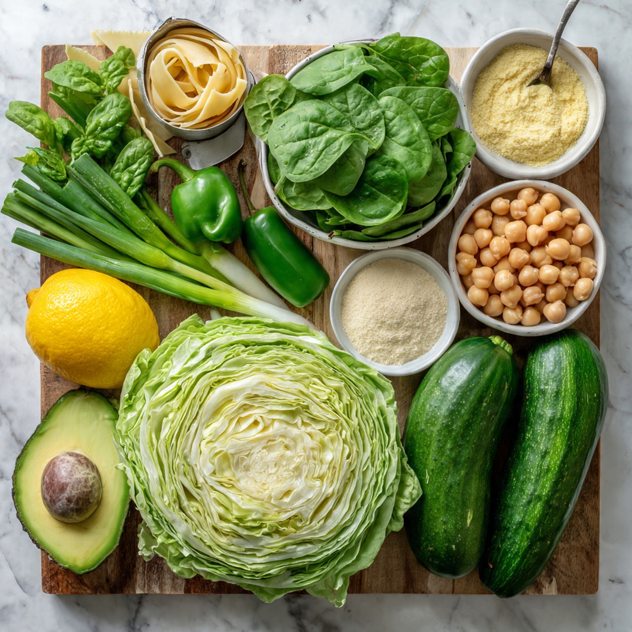 The image shows fresh ingredients arranged on a wooden board and a white marbled surface. At the center bottom is a large, pale green cabbage cut in half, showing its layered, crisp texture. Above and to the right of the cabbage, there is a small white bowl filled with light yellow powder and a bright green jalapeno pepper next to it. Further back are two small white bowls; one filled with fresh, dark green spinach leaves and the other with beige chickpeas. Two cucumbers lie horizontally, rich green and smooth-skinned, just above the spinach bowl. Green onions with long light and dark green stalks rest diagonally near the cucumbers. To the left of the cabbage is a metal measuring cup filled with fresh bright green basil leaves. A whole lemon with a bright yellow color and a dark green avocado sit near the left edge of the image. A bag of pasta can be seen partially, leaning on the white marbled surface. The overall color contrast is fresh green, pale white, and bright yellow. The photo has natural light, showing crisp details with the white marbled texture underneath. photo taken with an iphone --ar 4:5 --v 7