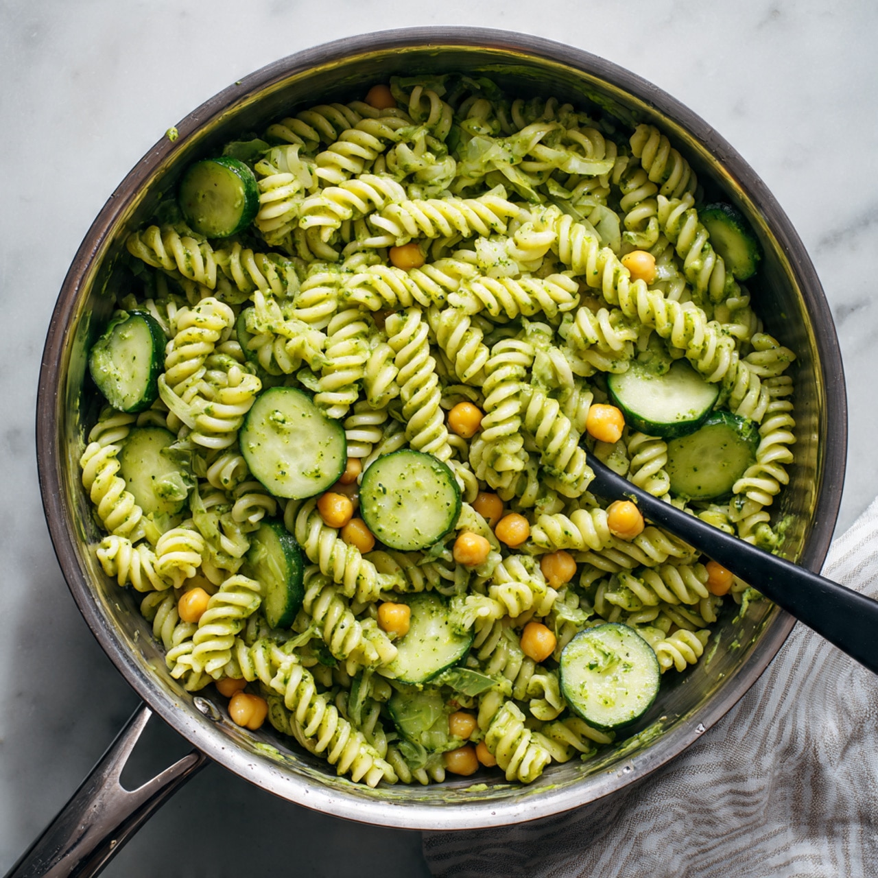 This image shows a close-up of a large silver pot filled with pasta salad. The pasta is curly and covered in a green sauce, making the whole dish look bright green with some light yellow parts. There are round slices of cucumber spread throughout, along with small yellow chickpeas and pieces of chopped green cabbage mixed in. A black spoon is inside the pot, partly covered in the green sauce. The background is a white marbled texture with a soft striped cloth partly visible. photo taken with an iphone --ar 4:5 --v 7