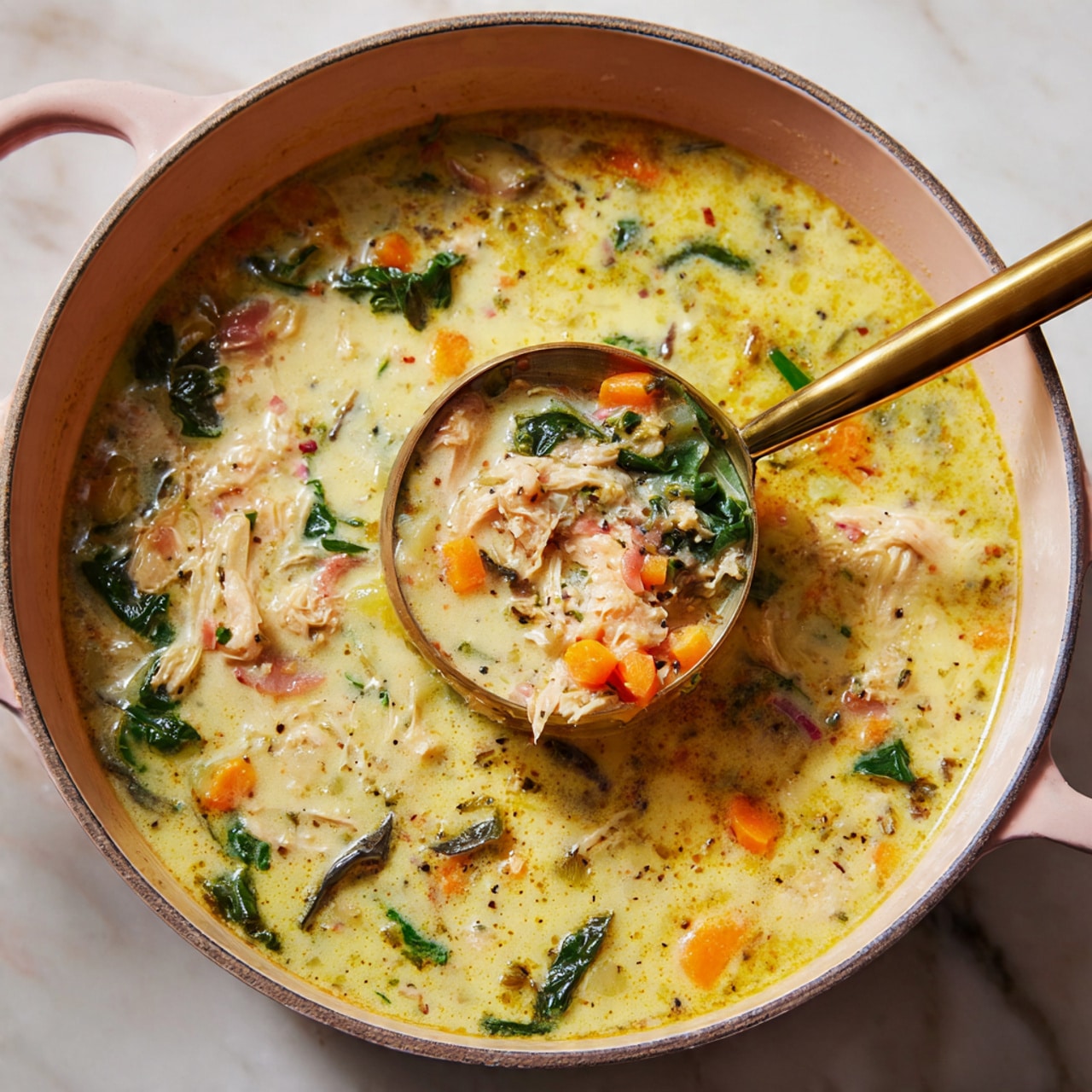 The image shows a close-up of a pot filled with thick soup that has a creamy, light yellow base. Inside the soup, there are small pieces of orange carrot, dark green leafy vegetables, and shredded light brown meat. A large spoon with a golden handle is lifting some soup from the pot, revealing the mixed ingredients clearly. The pot has a soft pink rim and is set on a white marbled surface. The photo has a warm, cozy feel with soft natural light. photo taken with an iphone --ar 4:5 --v 7