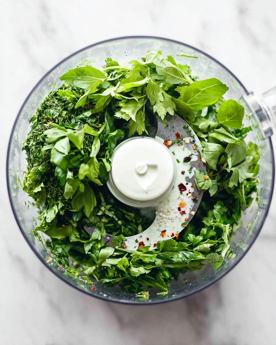 A clear round food processor bowl filled with fresh green herbs including parsley and basil, with visible red pepper flakes and coarse salt scattered on the leaves. The herbs are spread around the central white food processor blade attachment, with various shades of green and textures of leafy herbs visible. The bowl is placed on a white marbled surface, which contrasts with the vibrant greens inside. photo taken with an iphone --ar 4:5 --v 7